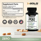 X Gold Health PQQ 20 mg: etiqueta clara con dosis y beneficios potenciados