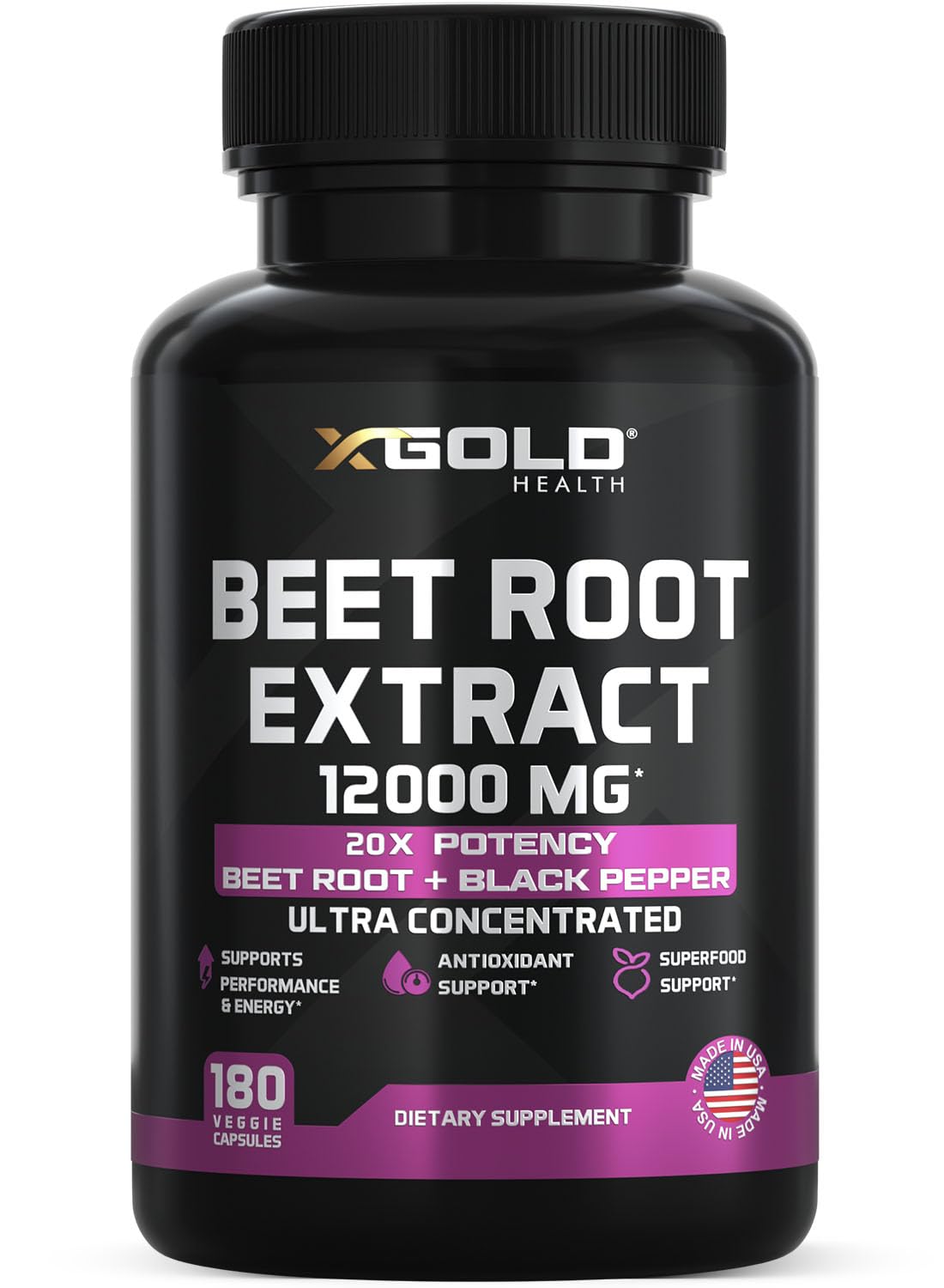 X Gold Health Extracto de Remolacha 20:1, bote de cápsulas para energía sostenida.