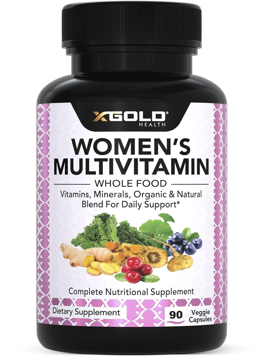 X Gold Health botella de multivitaminas para mujer 50+, apoyo diario de energía.