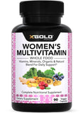 X Gold Health botella de multivitaminas para mujer 50+, apoyo diario de energía.