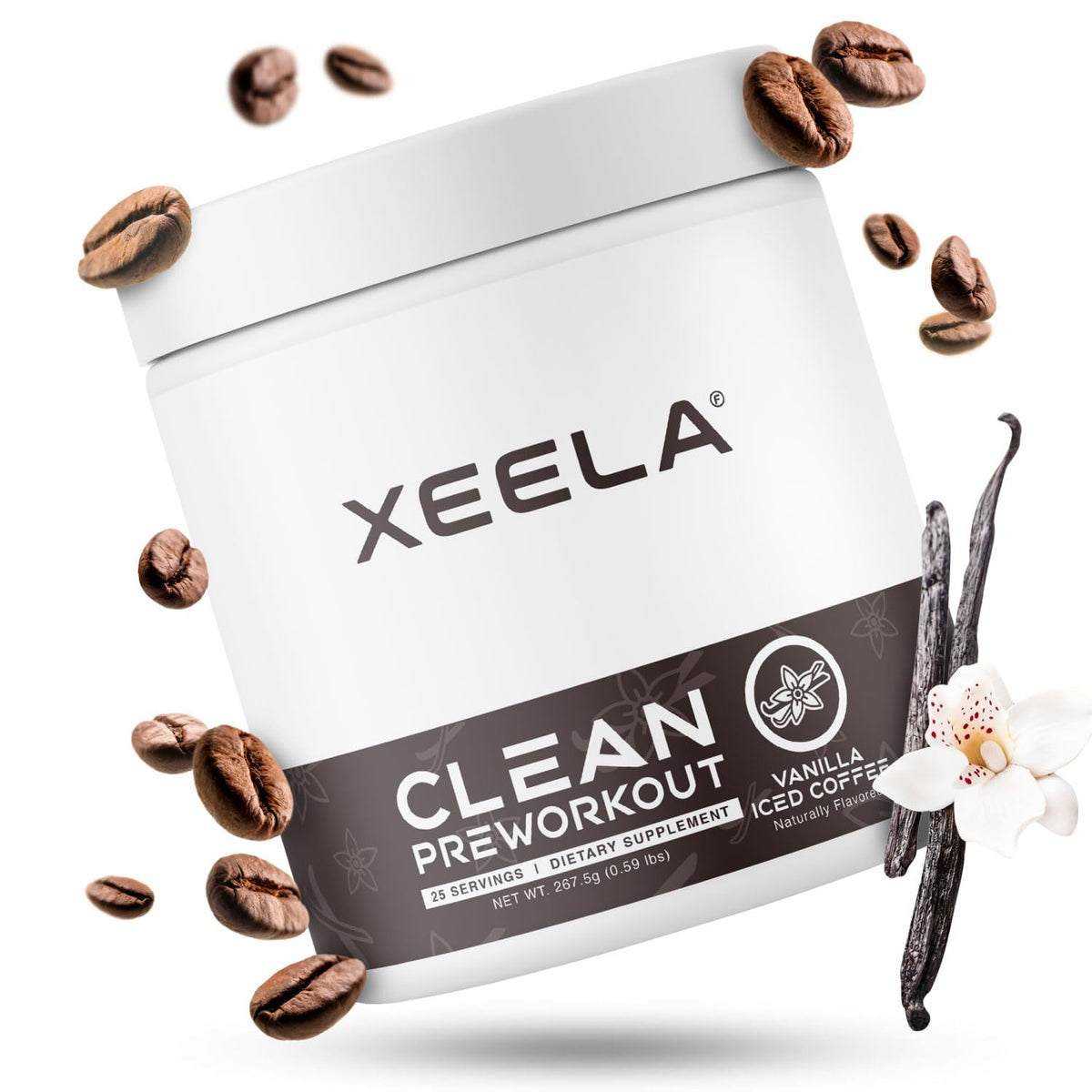 XEELA Pre Entrenamiento – botella de vainilla helada para energía sostenida.