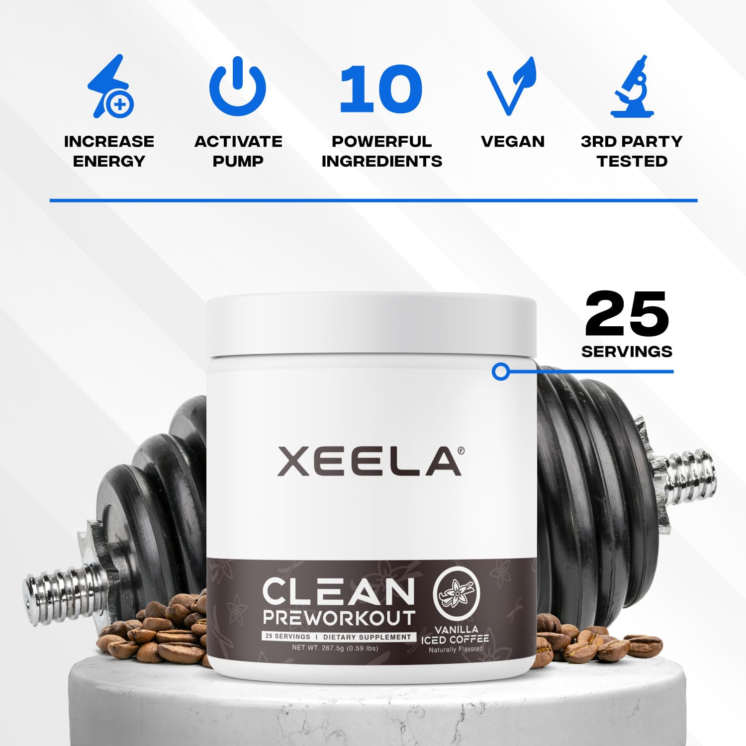 XEELA Pre Entrenamiento – cuchara medida para dosis óptima.