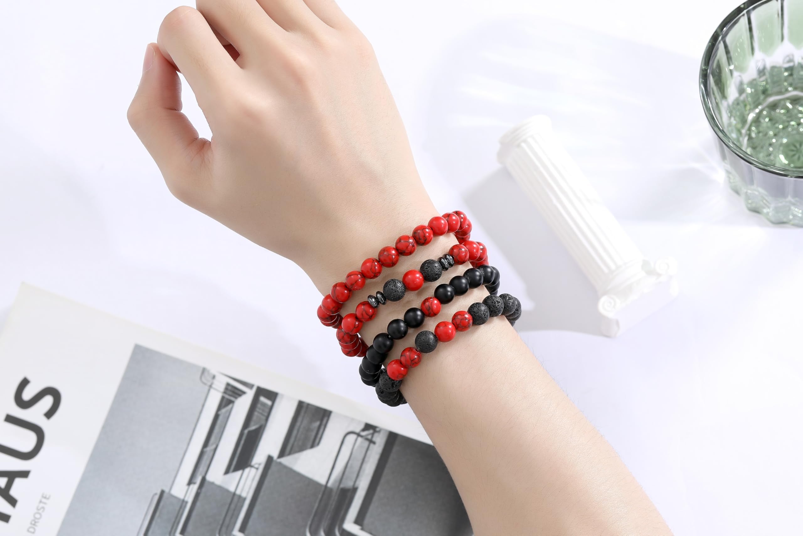 Cuenta de lava roja XIANNVXI en pulsera de 8mm para hombre