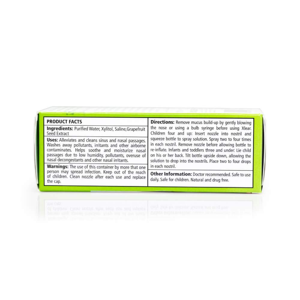 Ingredientes de Xlear con xilitol y solución salina, cuidado suave.