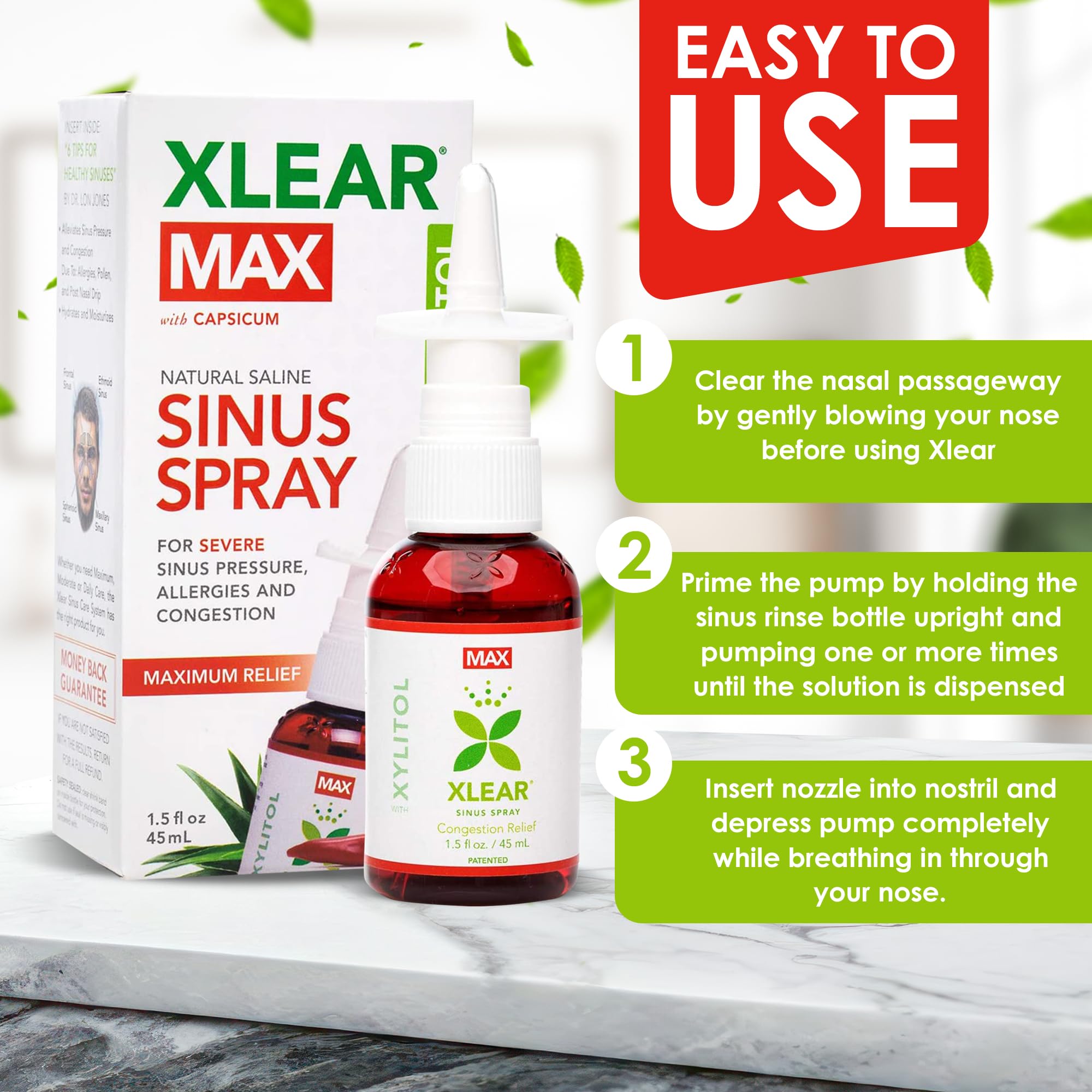 Xlear MAX aplicador nasal con mecanismo de bomba para dosis precisas.