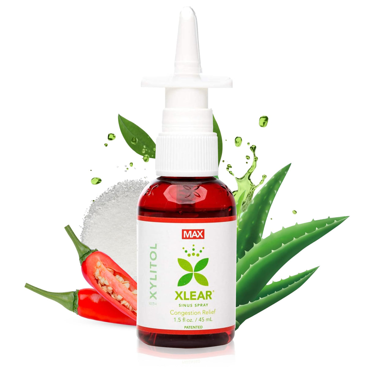 Xlear MAX botella nasal muestra el envase para alivio suave de la congestión.