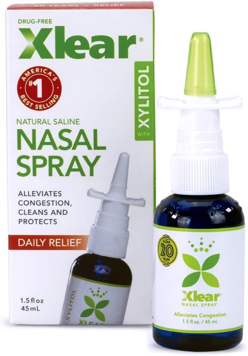 Spray nasal Xlear, visión frontal de la botella para limpieza suave de senos nasales
