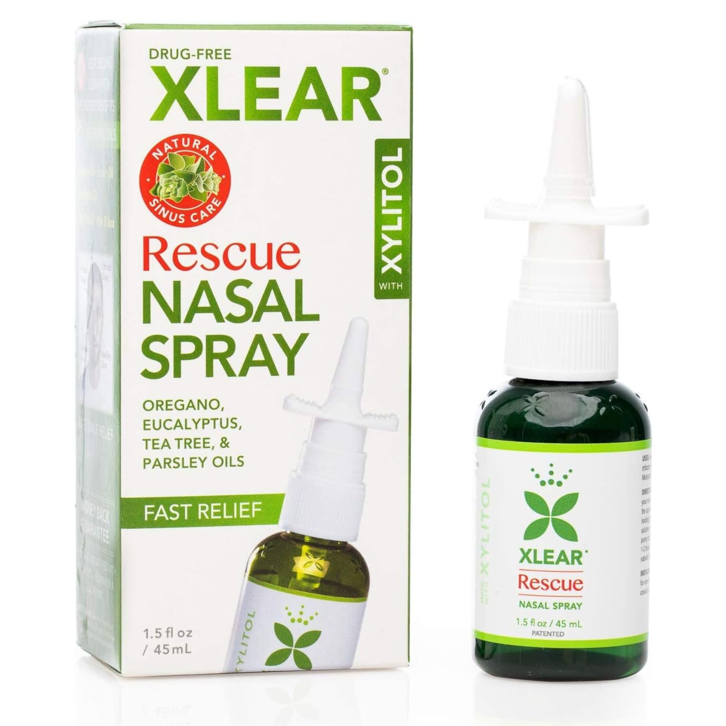Xlear Rescue spray nasal, vista frontal del frasco, uso diario posible.