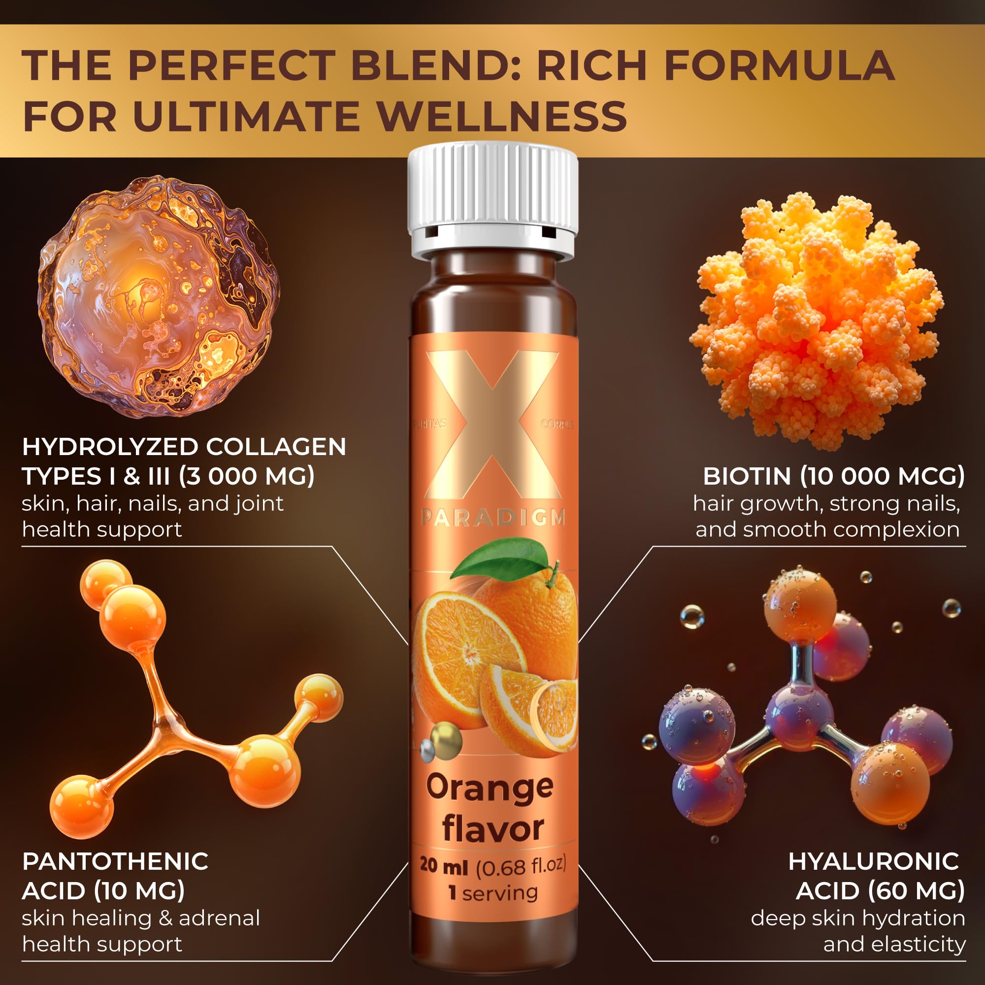 XParadigm Puritas Corpus botella colágeno shot naranja, textura suave para mejor absorción.