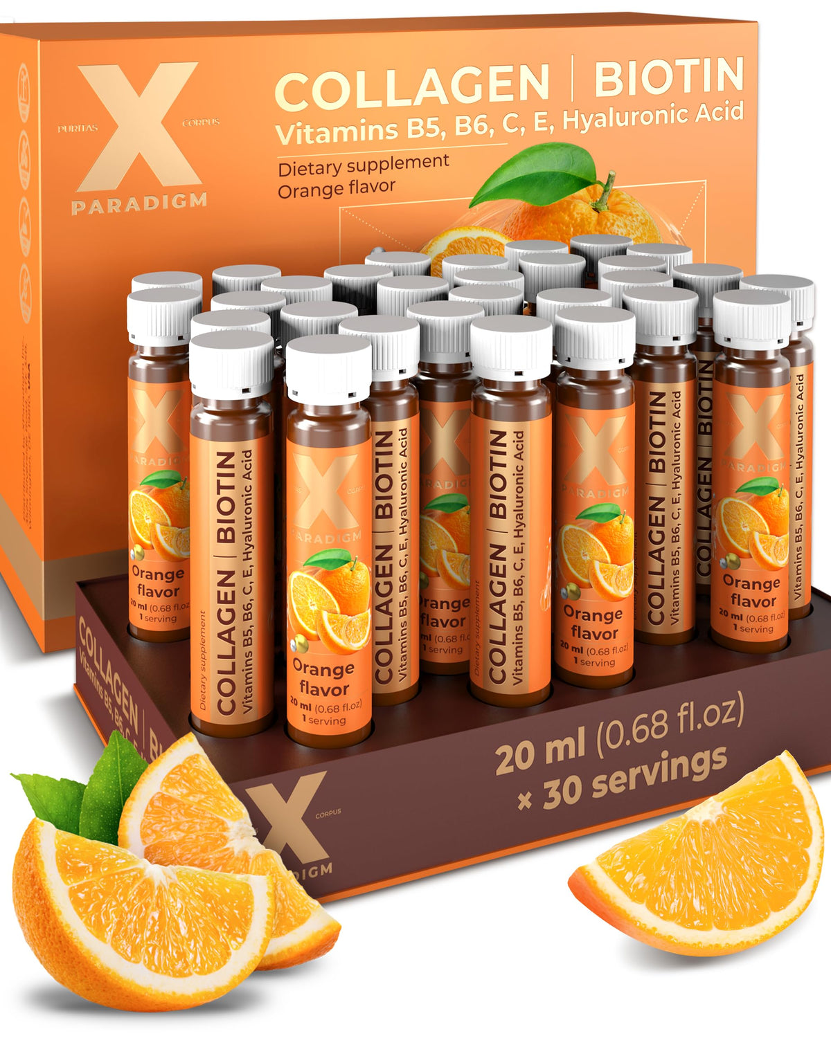 XParadigm Puritas Corpus líquido colágeno shot naranja, apoyo diario a piel y cabello.