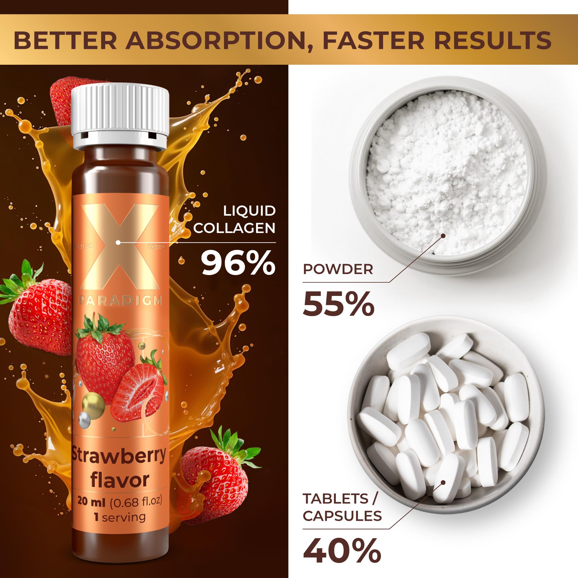 Colágeno líquido sabor fresa de XParadigm Puritas Corpus, experiencia agradable al beber