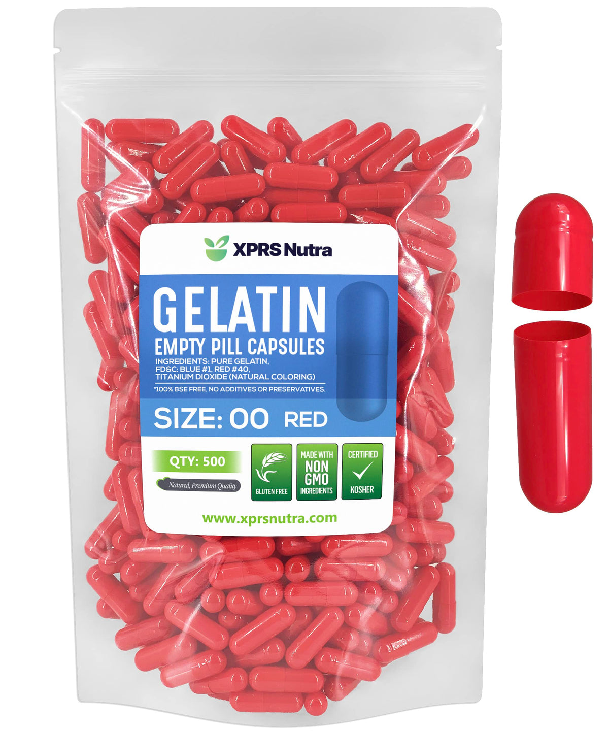 XPRS Nutra cápsulas tamaño 00 rojas transparentes listas para relleno de suplementos.