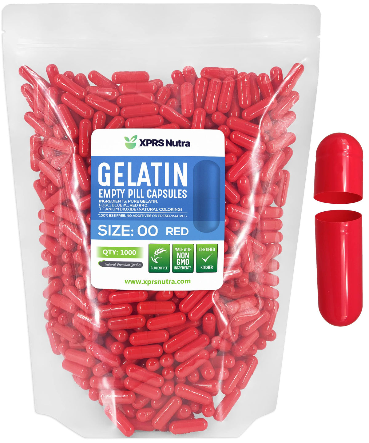 Cápsulas XPRS Nutra tamaño 00 vacías frente, listas para rellenar con tus suplementos.