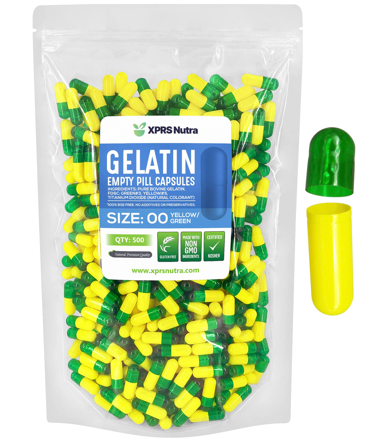 Cápsulas vacías XPRS Nutra tamano 00 en verde y amarillo, ideales para rellenar con precisión.