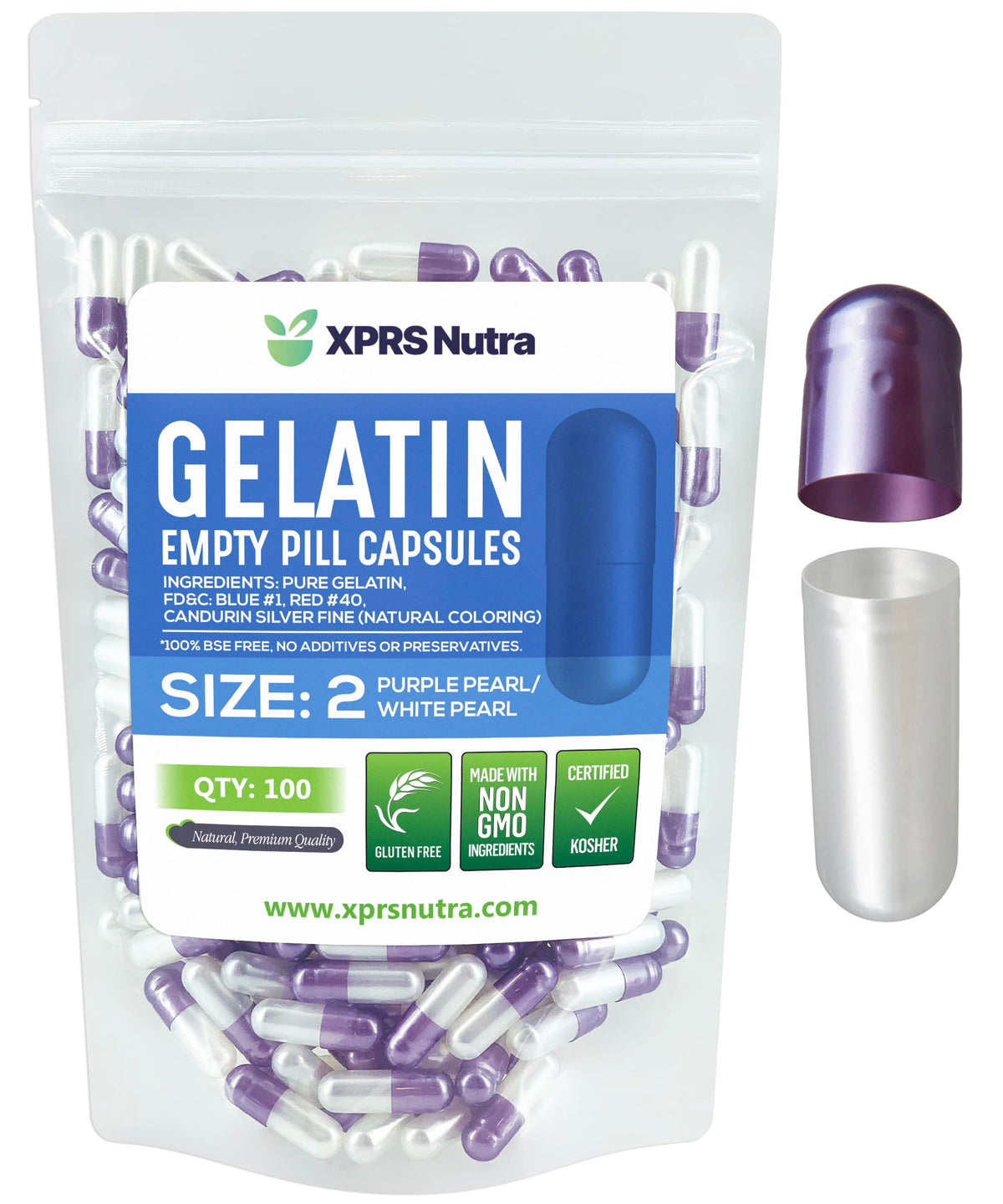 XPRS Nutra cápsulas vacías tamaño 2 en gelatina clara, fáciles de rellenar para suplementos.