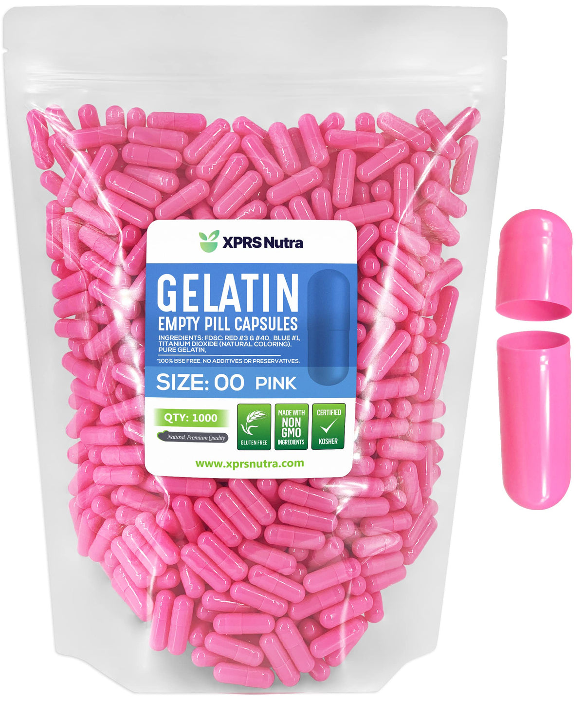 XPRS Nutra cápsulas vacías tamaño 00 en rosa, fáciles de rellenar para suplementos DIY