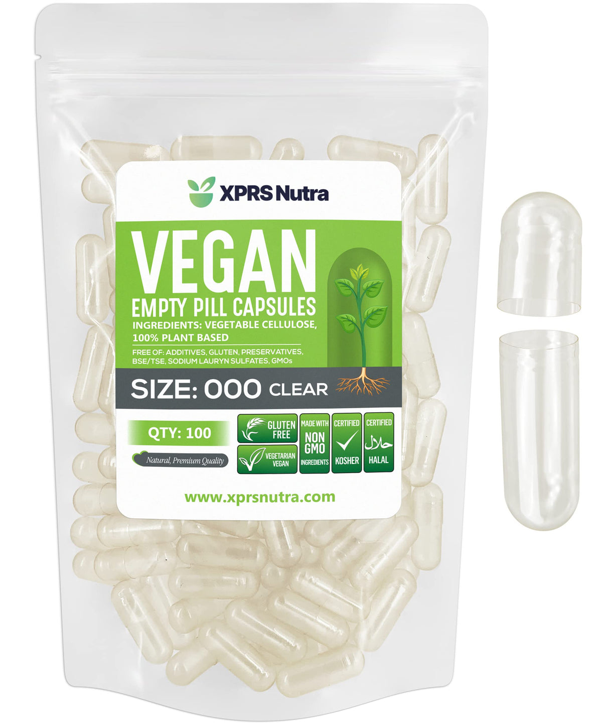 Cápsulas veganas XPRS Nutra 000 vacías transparentes para relleno preciso