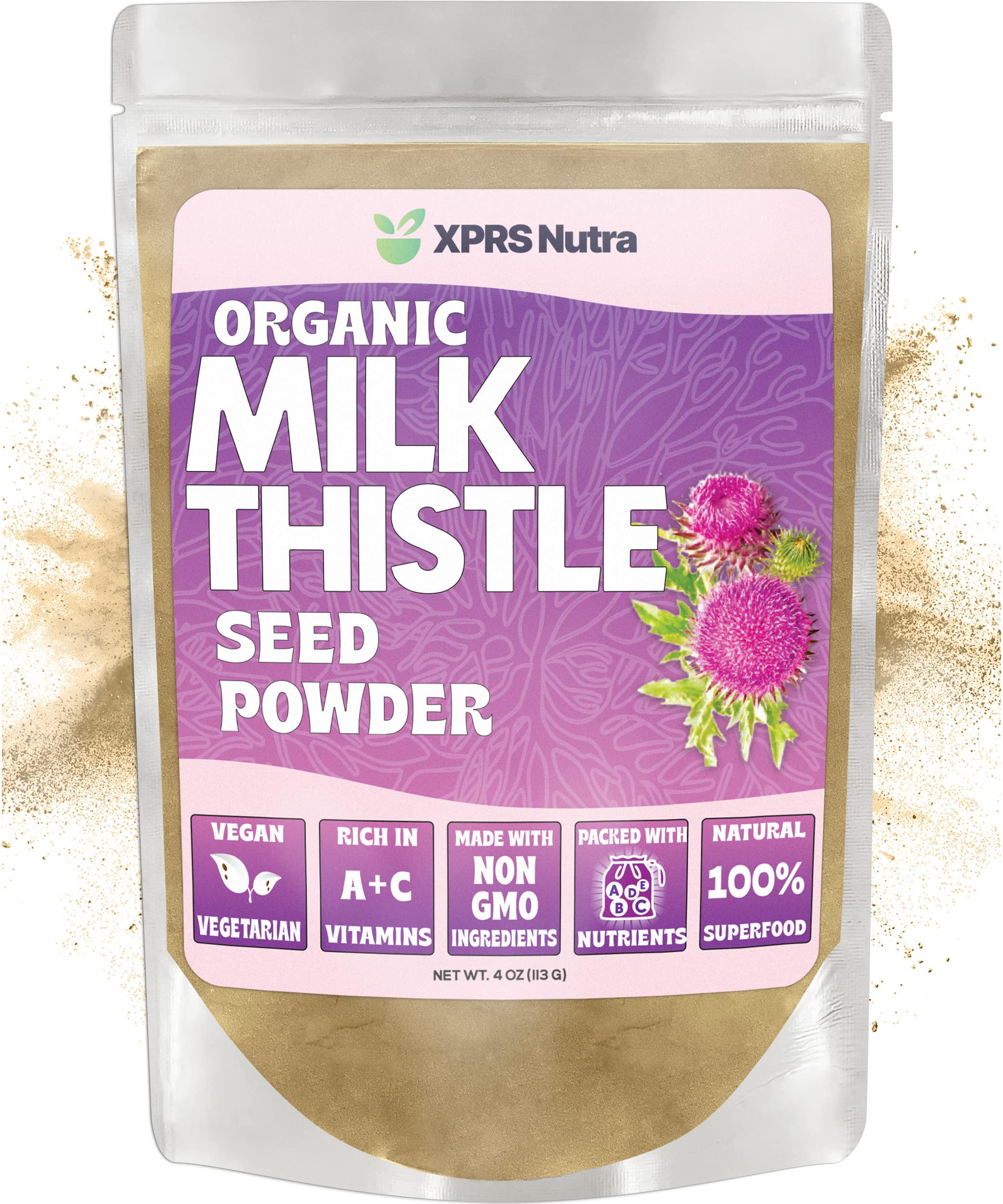Polvo de cardo mariano orgánico de XPRS Nutra en envase de 4oz, antioxidantes.