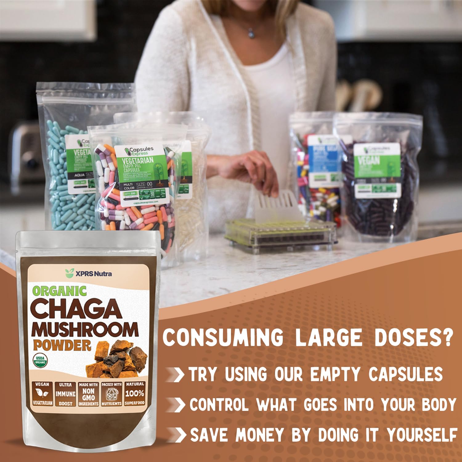 Chaga de XPRS Nutra, polvo para cápsulas caseras y suplementación personalizada.