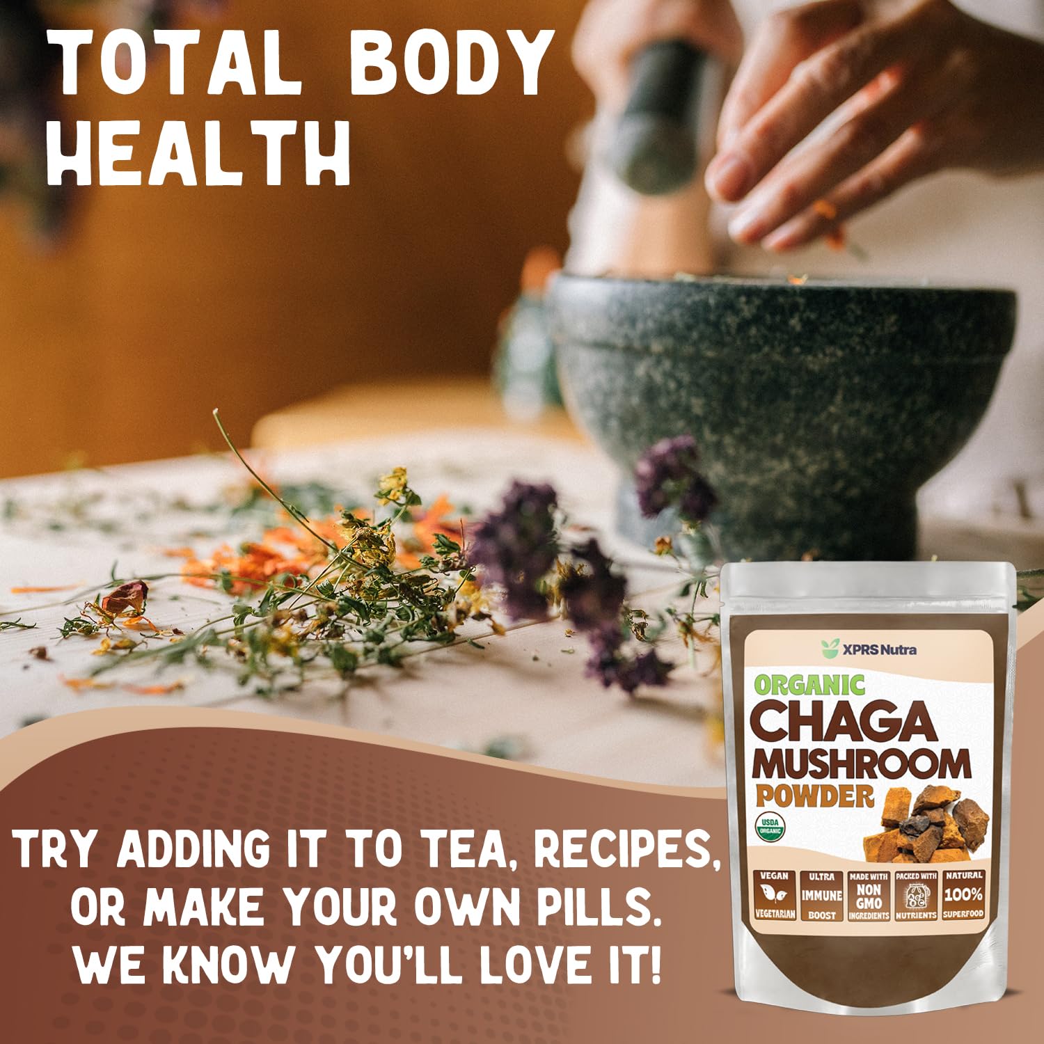 Chaga Chagacino de XPRS Nutra, bebida cálida con sabor terroso.