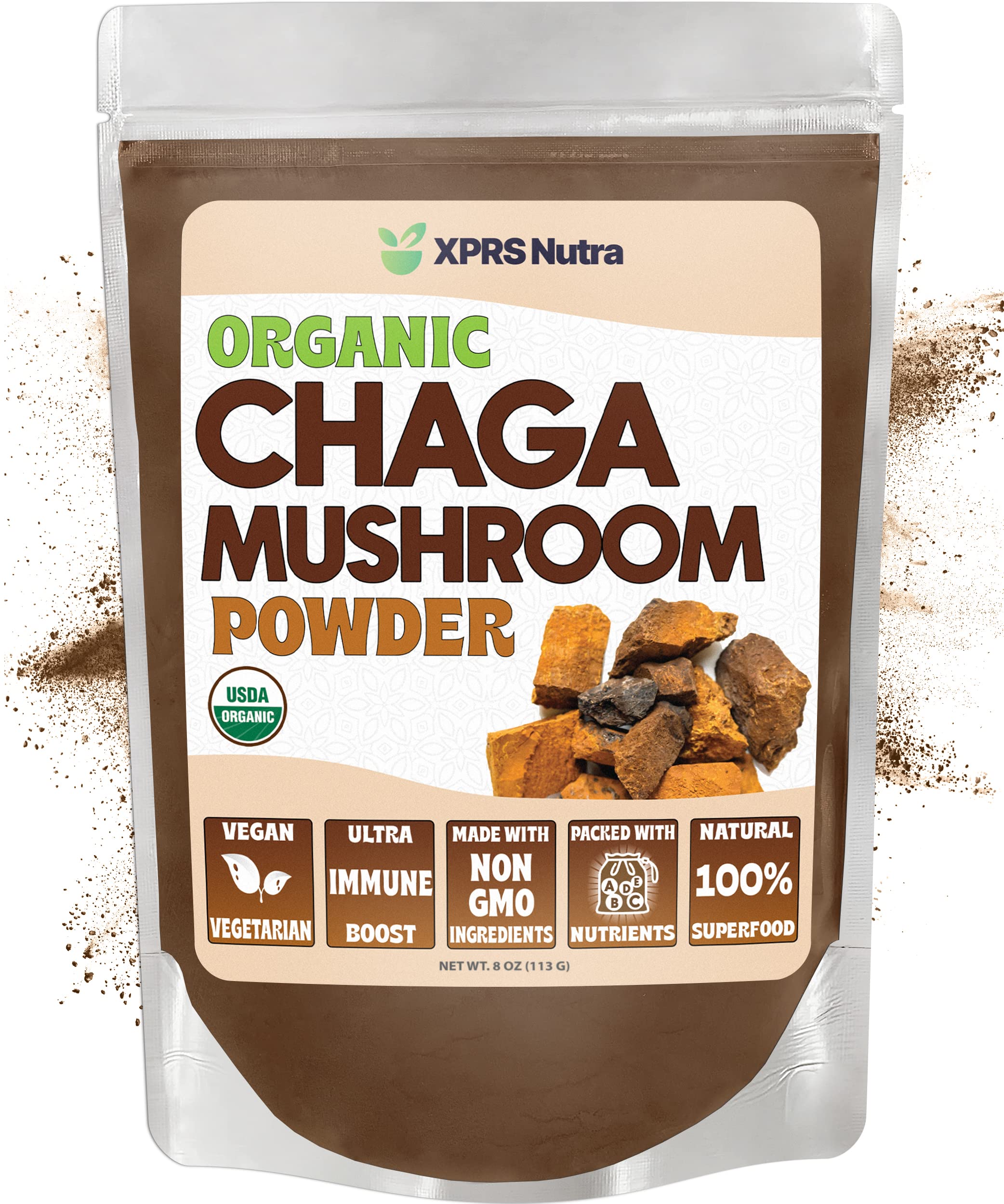 XPRS Nutra polvo chaga orgánico en bote para uso diario en bebidas