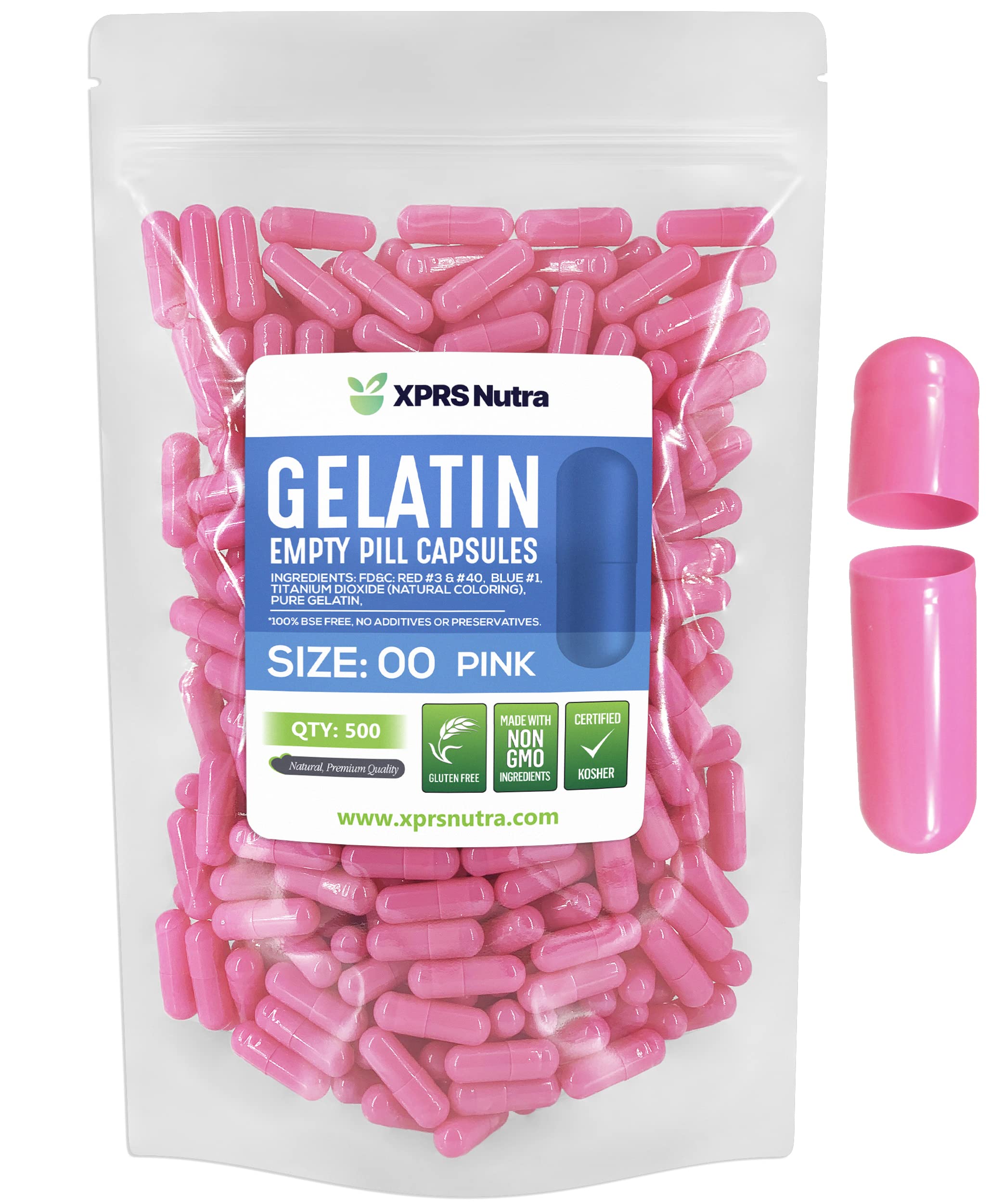 XPRS Nutra Size 00 cápsulas vacías de gelatina rosa en empaque práctico para suplementos.