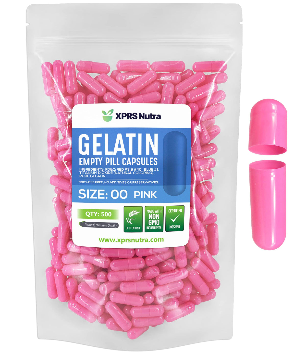 XPRS Nutra Size 00 cápsulas vacías de gelatina rosa en empaque práctico para suplementos.