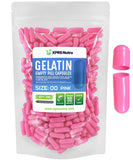 XPRS Nutra Size 00 cápsulas vacías de gelatina rosa en empaque práctico para suplementos.