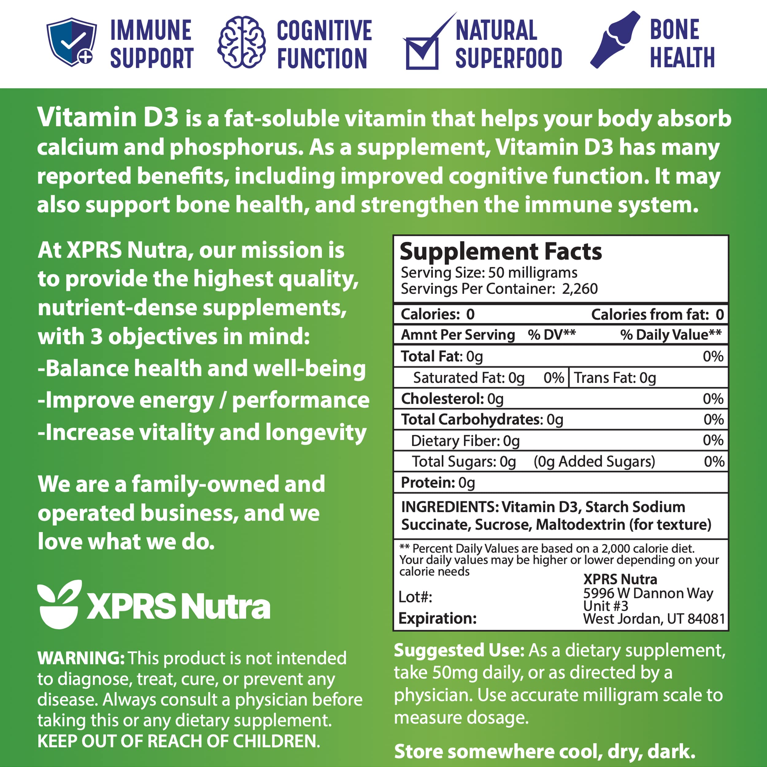 XPRS Nutra Vitamina D3 polvo sin sabor, suministro ético y de calidad.