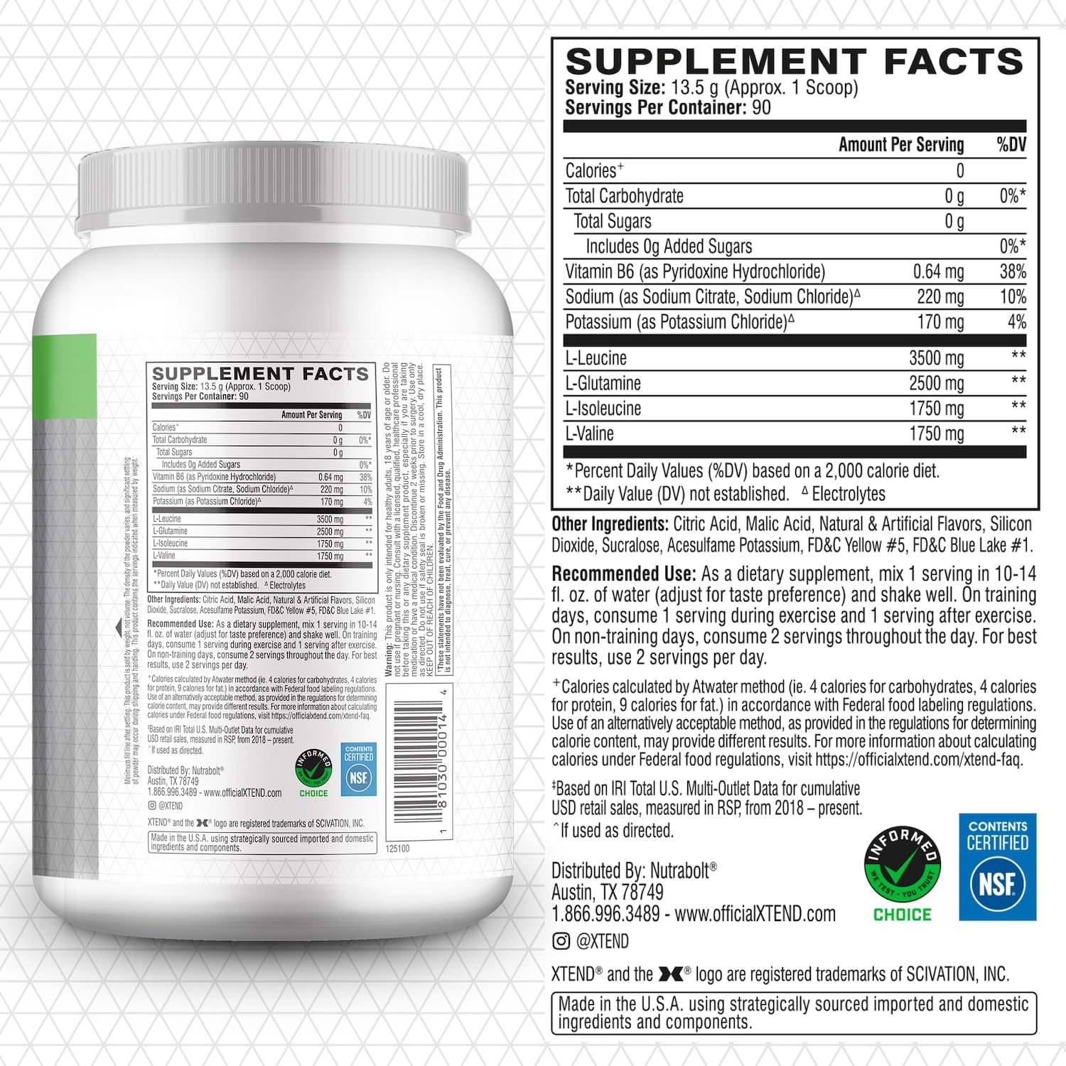 Xtend glutamina 2.5 g en polvo para soporte muscular durante el entrenamiento.