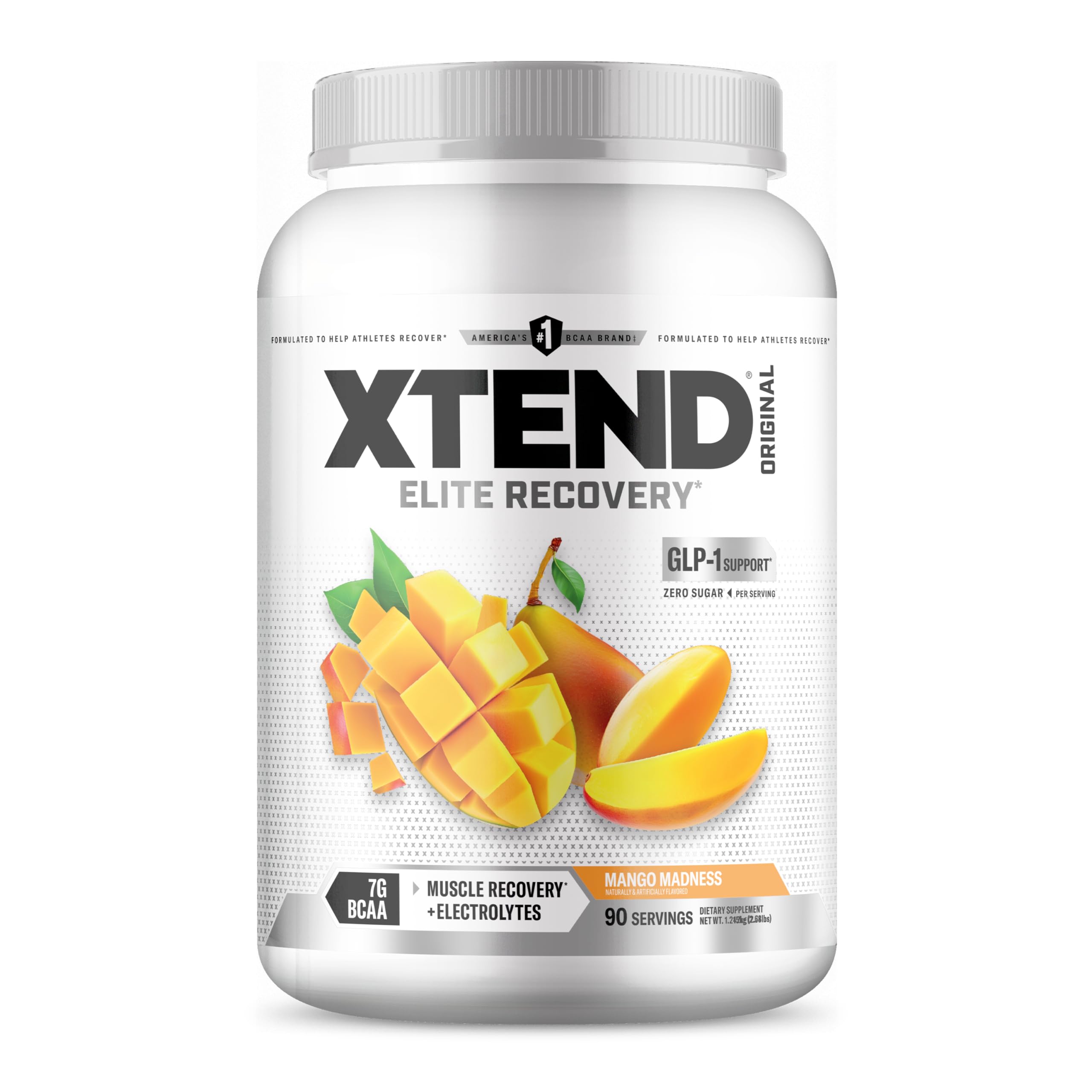 Xtend Original BCAA Mango Locura en envase, listo para recuperación muscular.