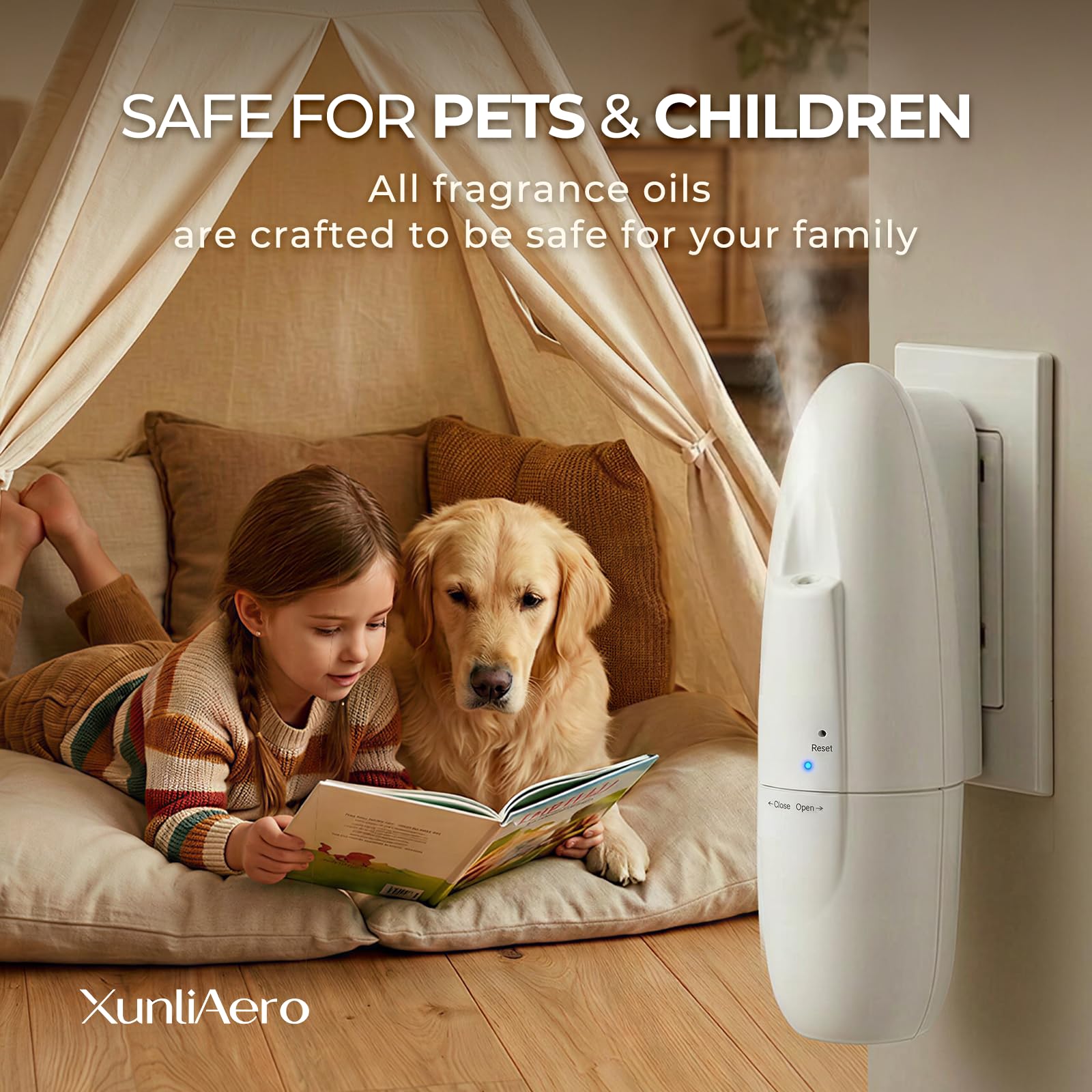 XunliAero difusor seguro para niños y mascotas con apagado automático.