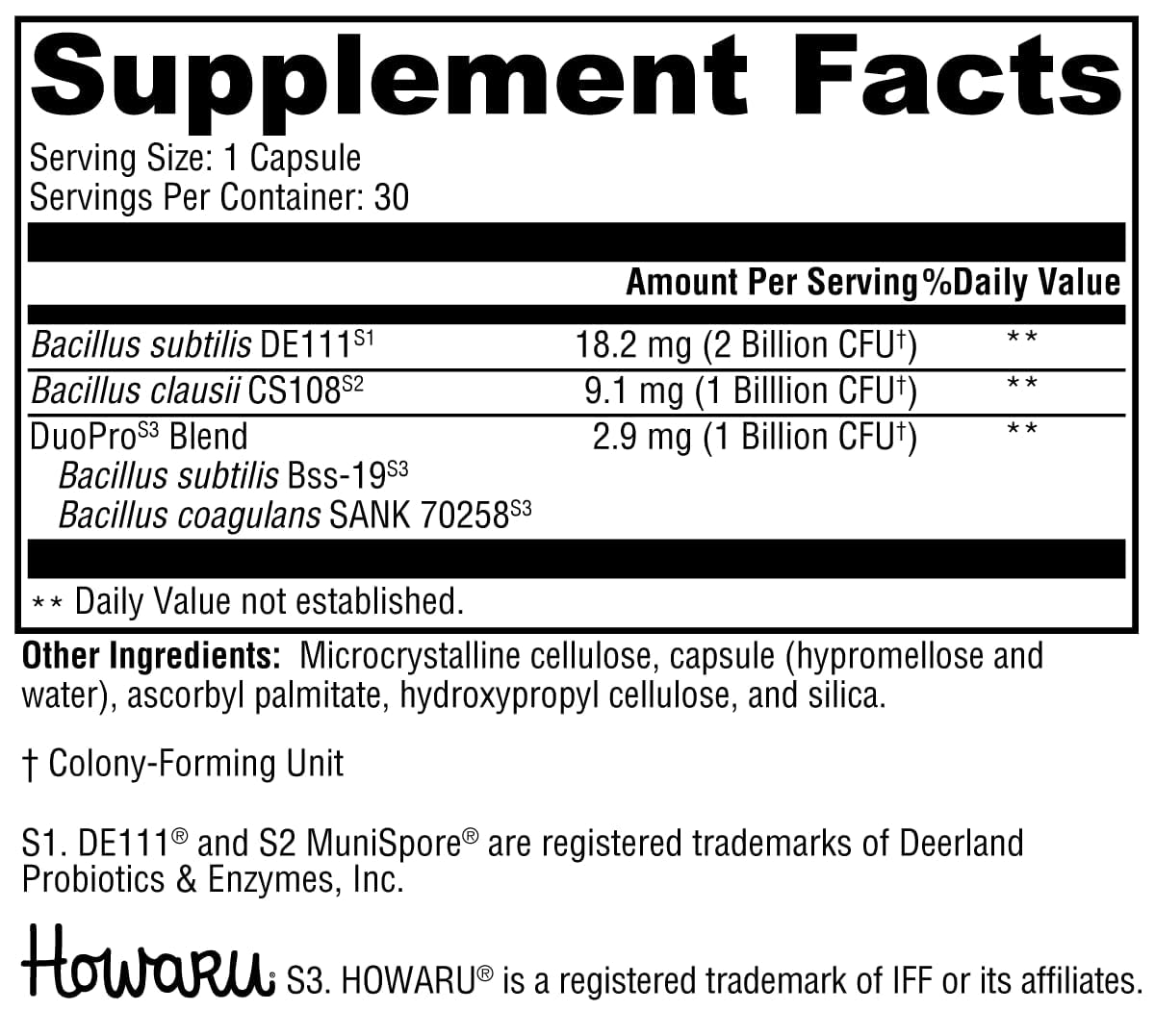 Etiqueta de ProbioMax de XYMOGEN con información de ingredientes y uso.