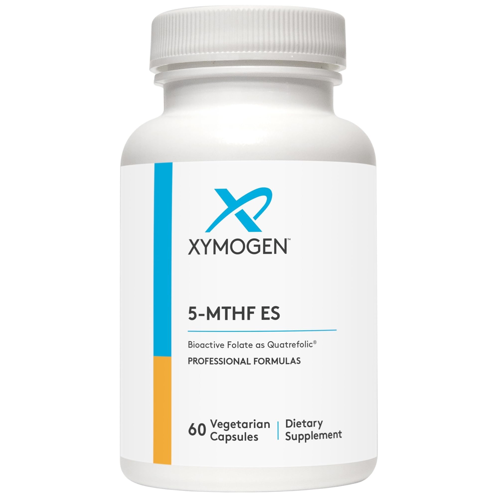 xymogen 5-mthf es, botella de cápsulas, apoyo al metabolismo y energía diaria.