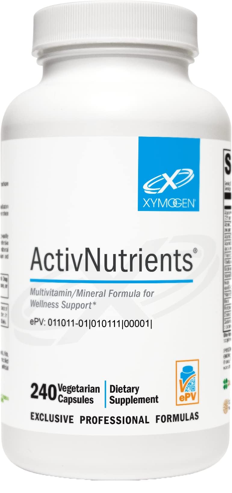 XYMOGEN ActivNutrients: botella vertiendo, soporte para bienestar diario y nutrición equilibrada.
