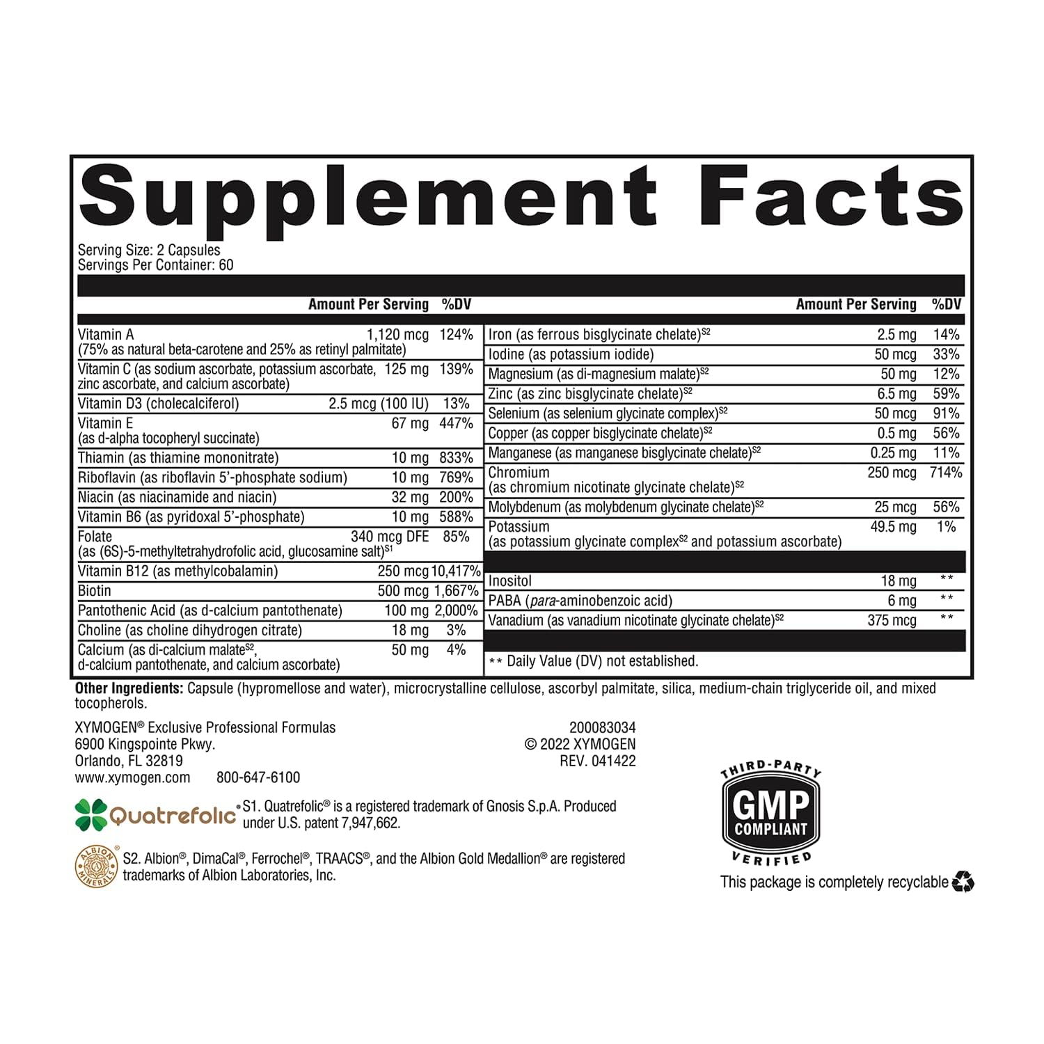 XYMOGEN ActivNutrients: etiqueta detallada con vitaminas clave y minerales quelados.