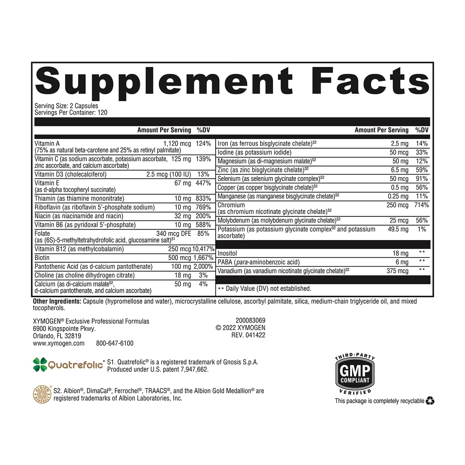 XYMOGEN ActivNutrients: cápsulas blancas, apoyo multivitamínico para energía diaria.