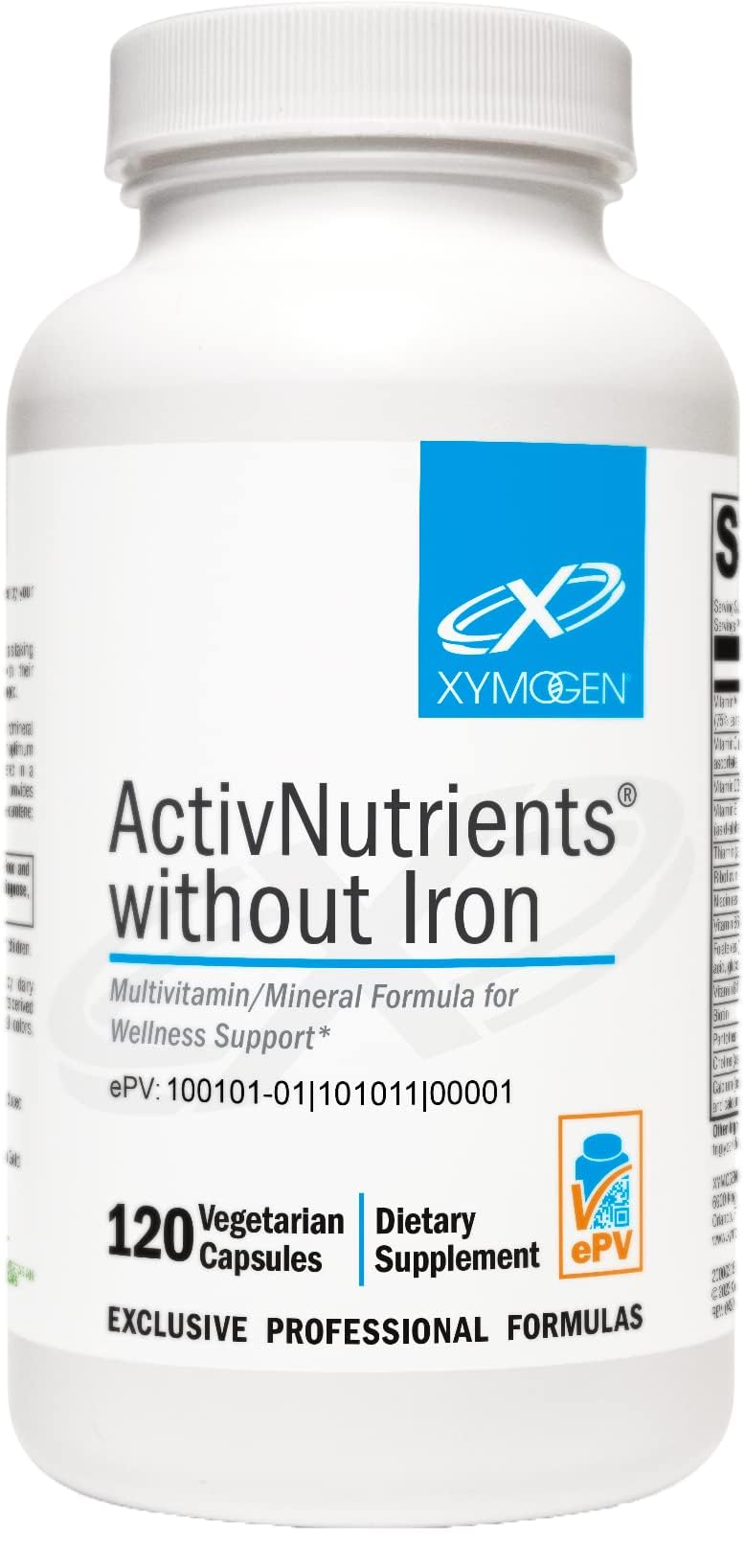 XYMOGEN ActivNutrients sin hierro en bote, apoyo a energía estable durante el día.