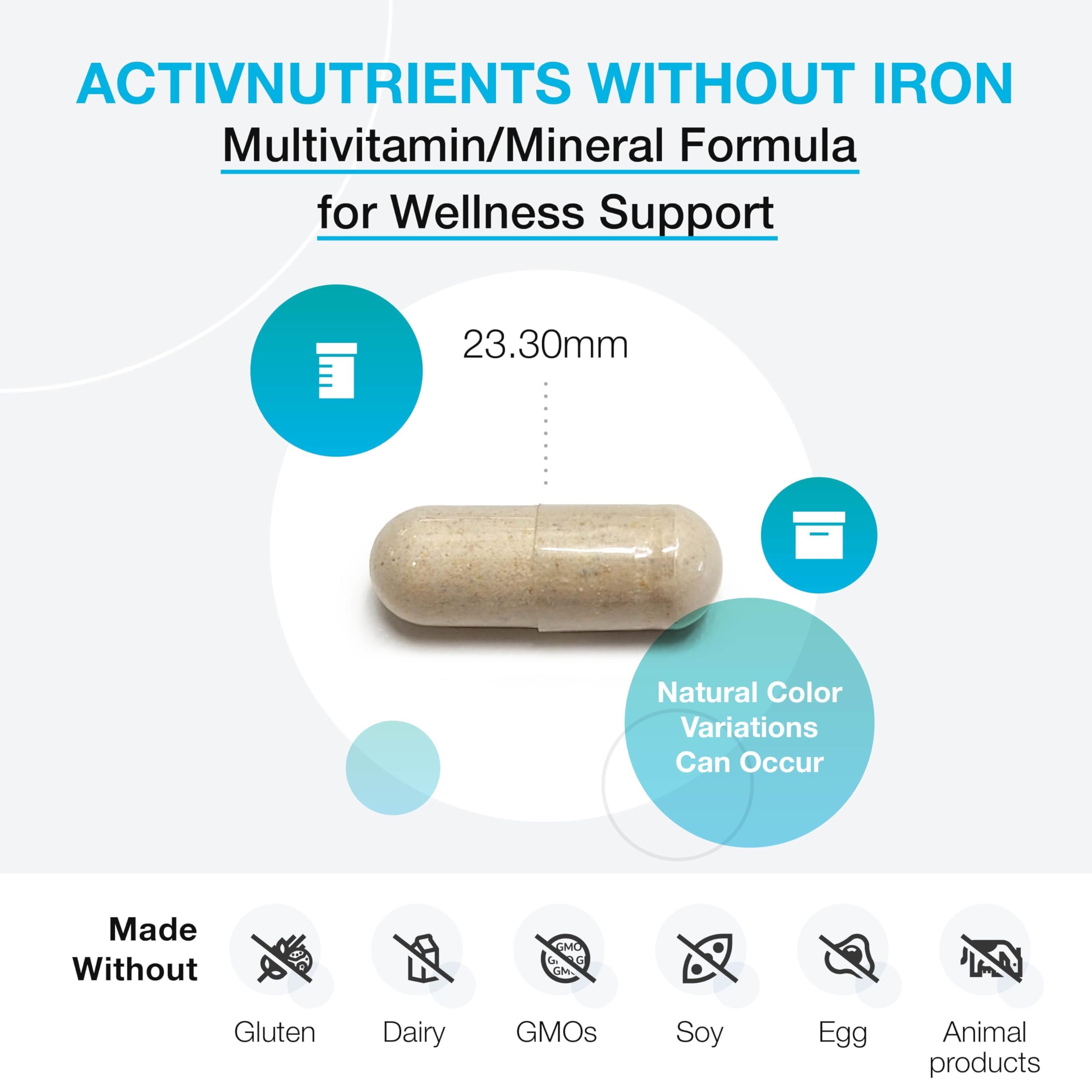 Tabletas de XYMOGEN ActivNutrients sin hierro para una ingesta práctica.