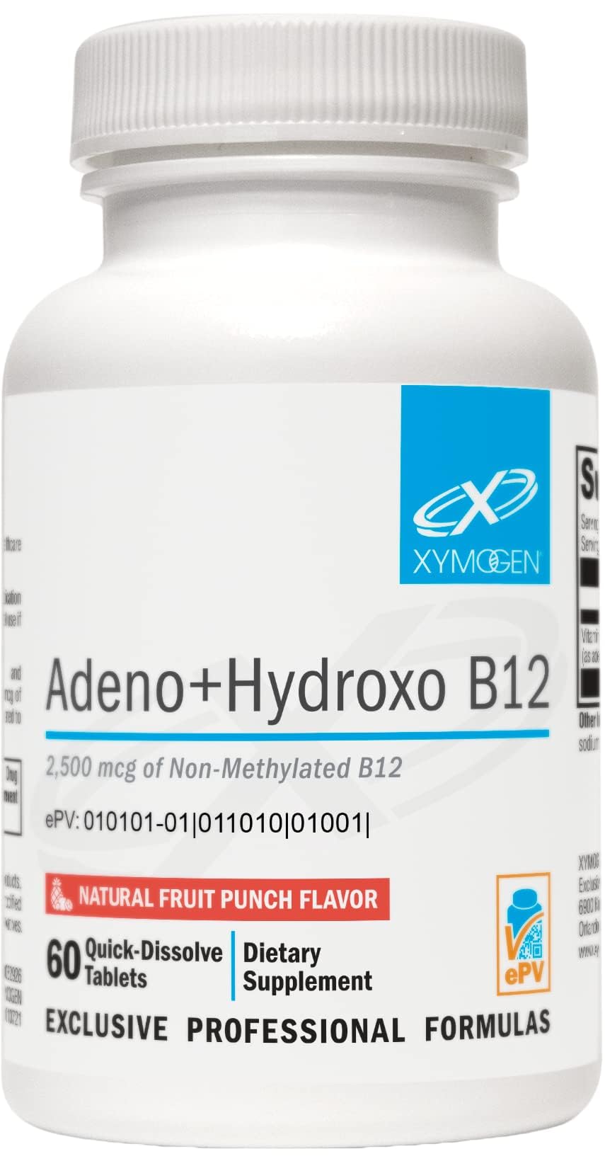 XYMOGEN Adeno+Hydroxo B12, tabletas disolución rápida Fruta Punch para energía diaria