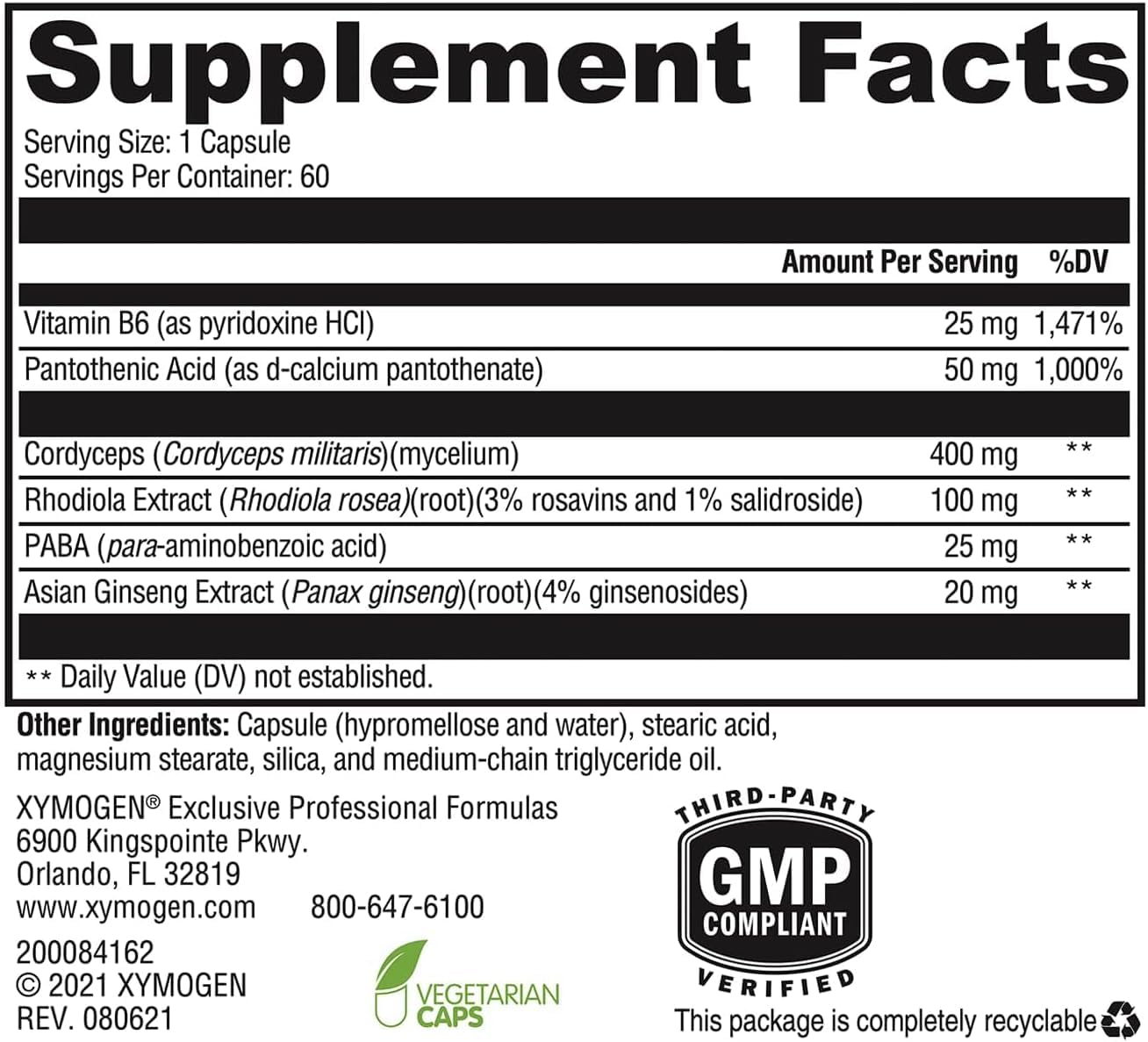 XYMOGEN Adrenal Essence: frasco transparente muestra cápsulas fáciles de usar