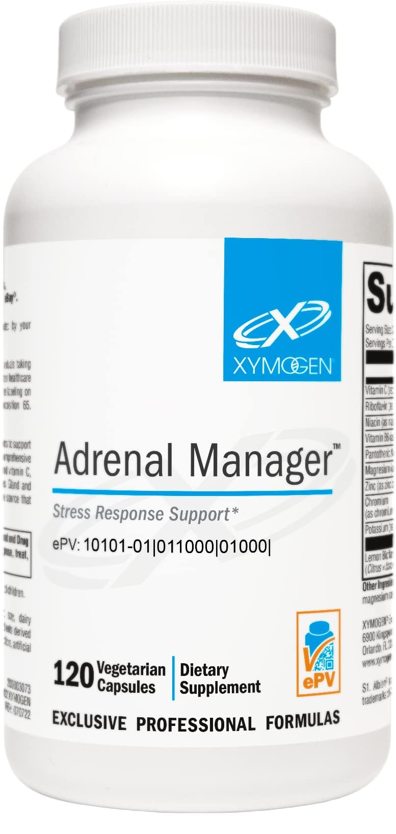 XYMOGEN Adrenal Manager, botella de cápsulas para apoyo al estrés diario