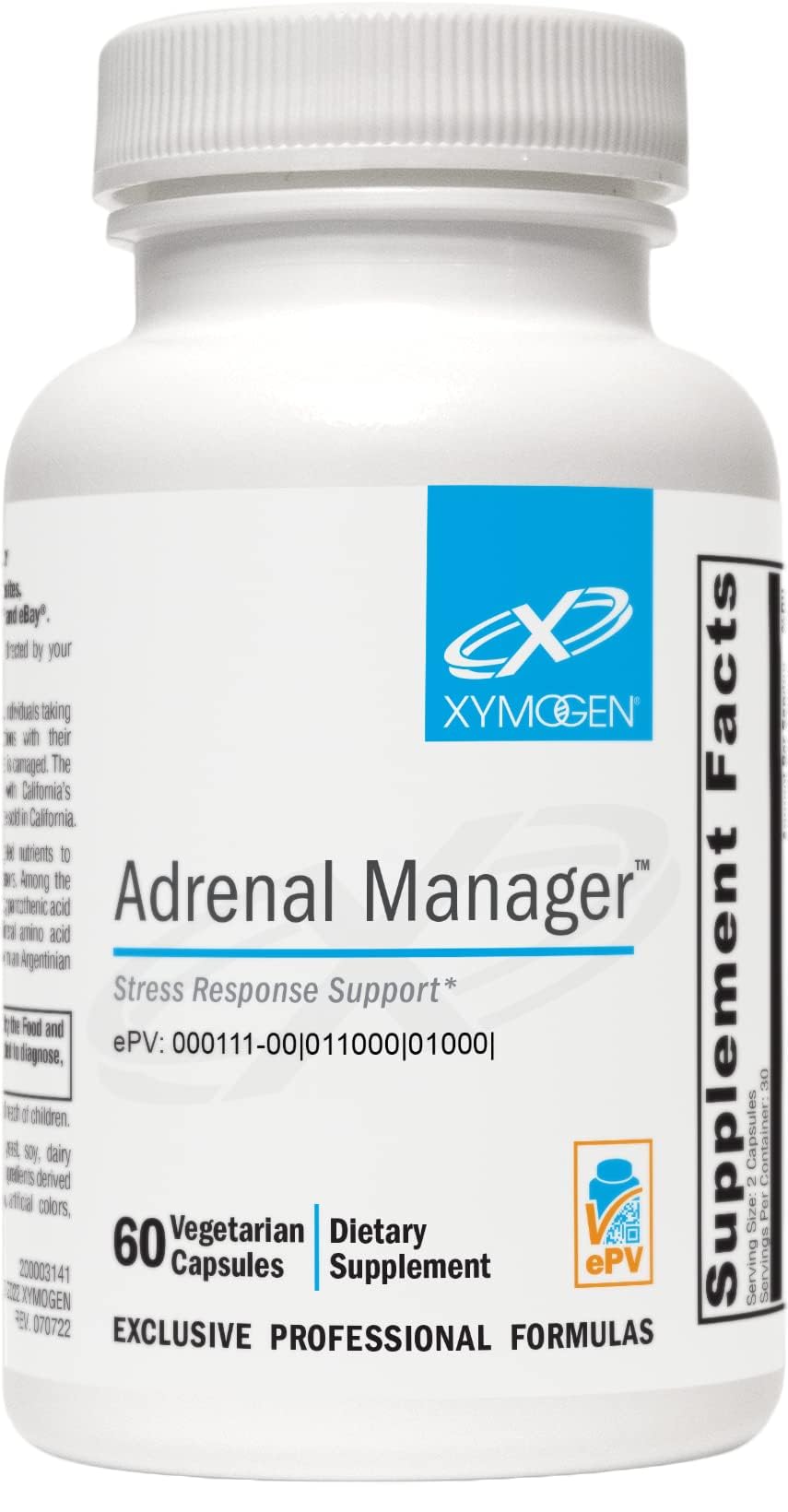 XYMOGEN Adrenal Manager, cápsulas para apoyo diario al estrés.