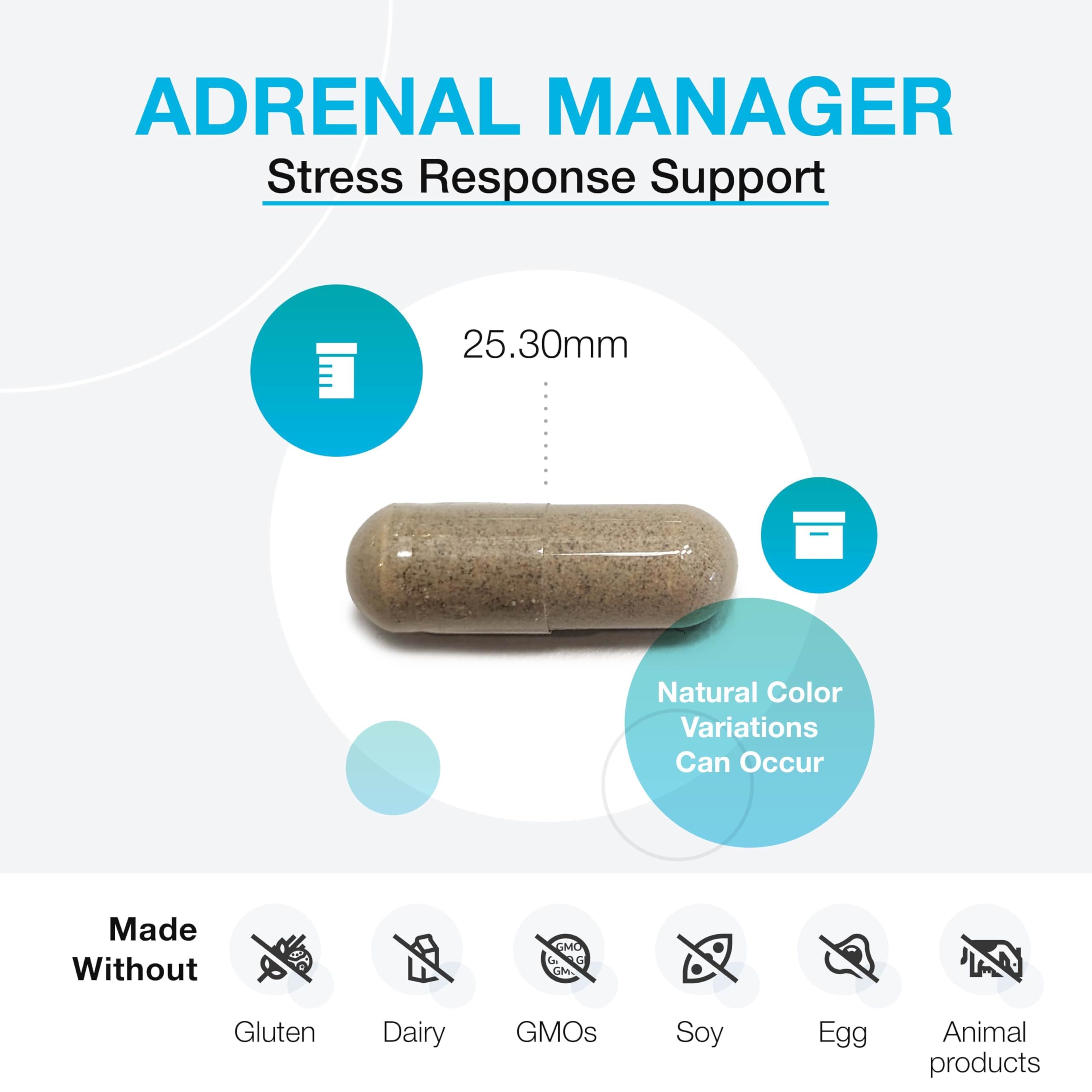 XYMOGEN Adrenal Manager, ingredientes clave visibles para uso práctico.