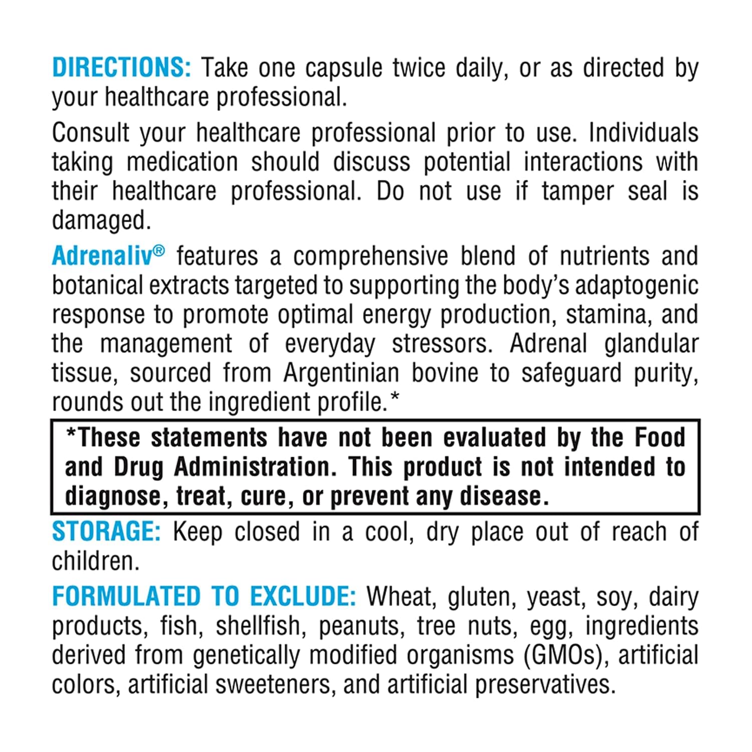 Parte trasera de la etiqueta de XYMOGEN Adrenaliv con información nutricional.