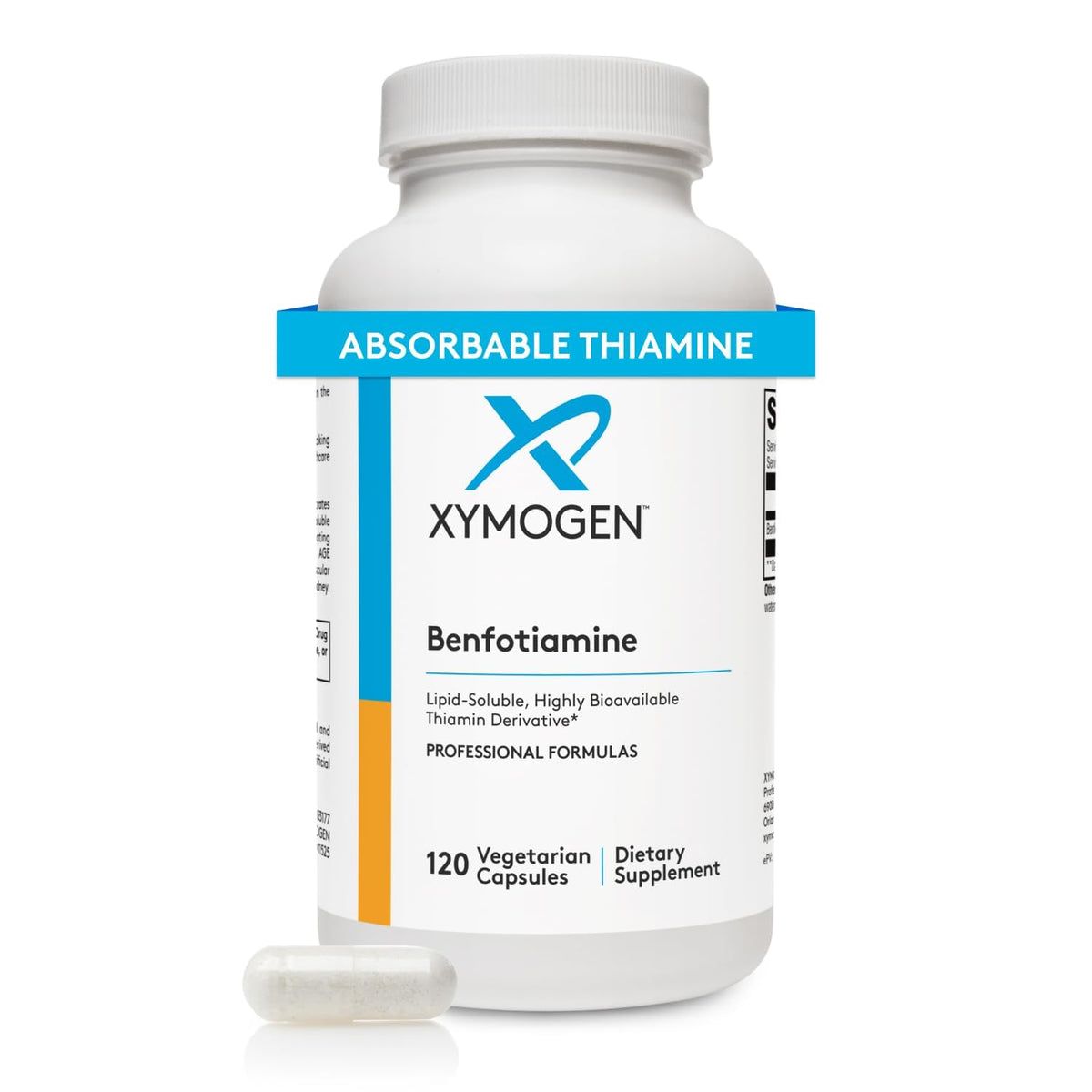 XYMOGEN Benfotiamina: botella con cápsulas para uso diario y energía celular