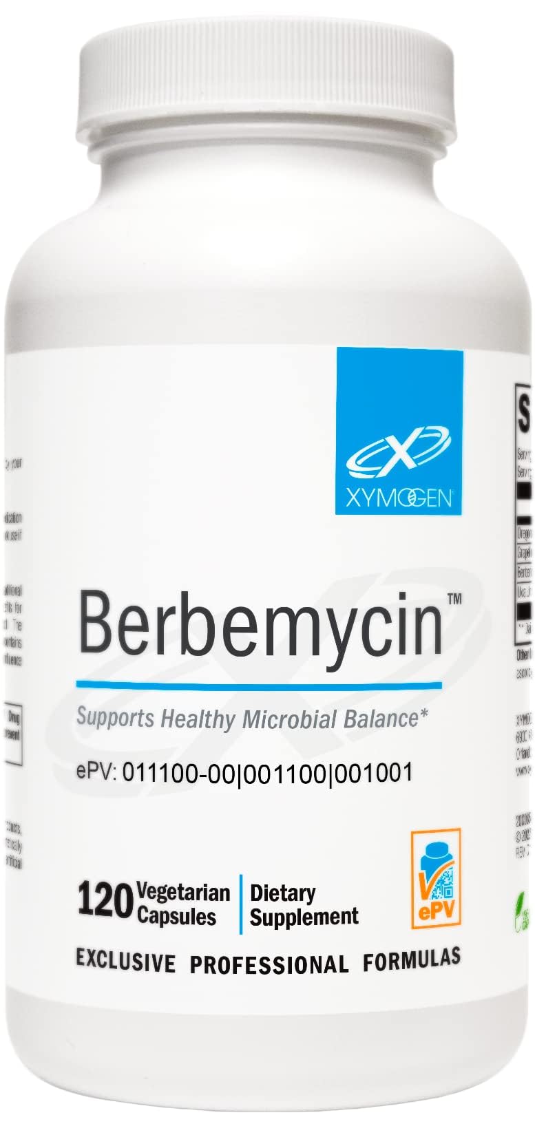 Botella de XYMOGEN Berbemycin con etiqueta clara para equilibrio intestinal.