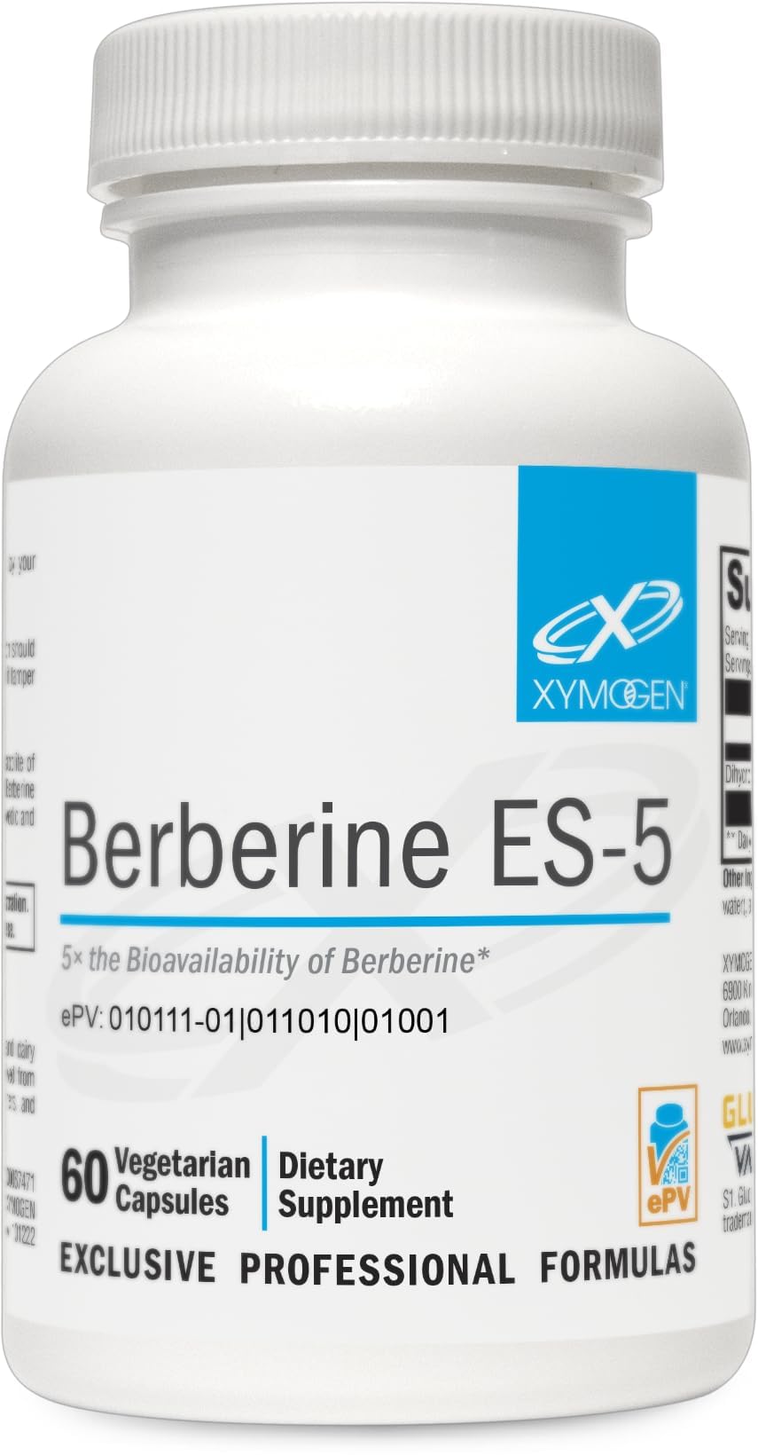 XYMOGEN Berberine ES-5 en botella, posible apoyo metabólico diario.