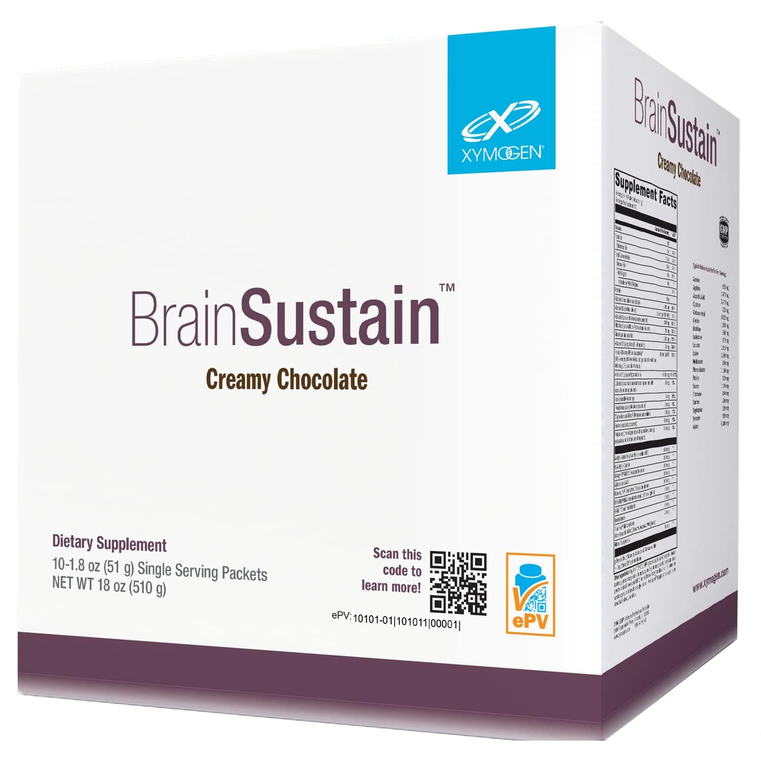 XYMOGEN BrainSustain envase frontal, aporte proteico diario para la salud cerebral.