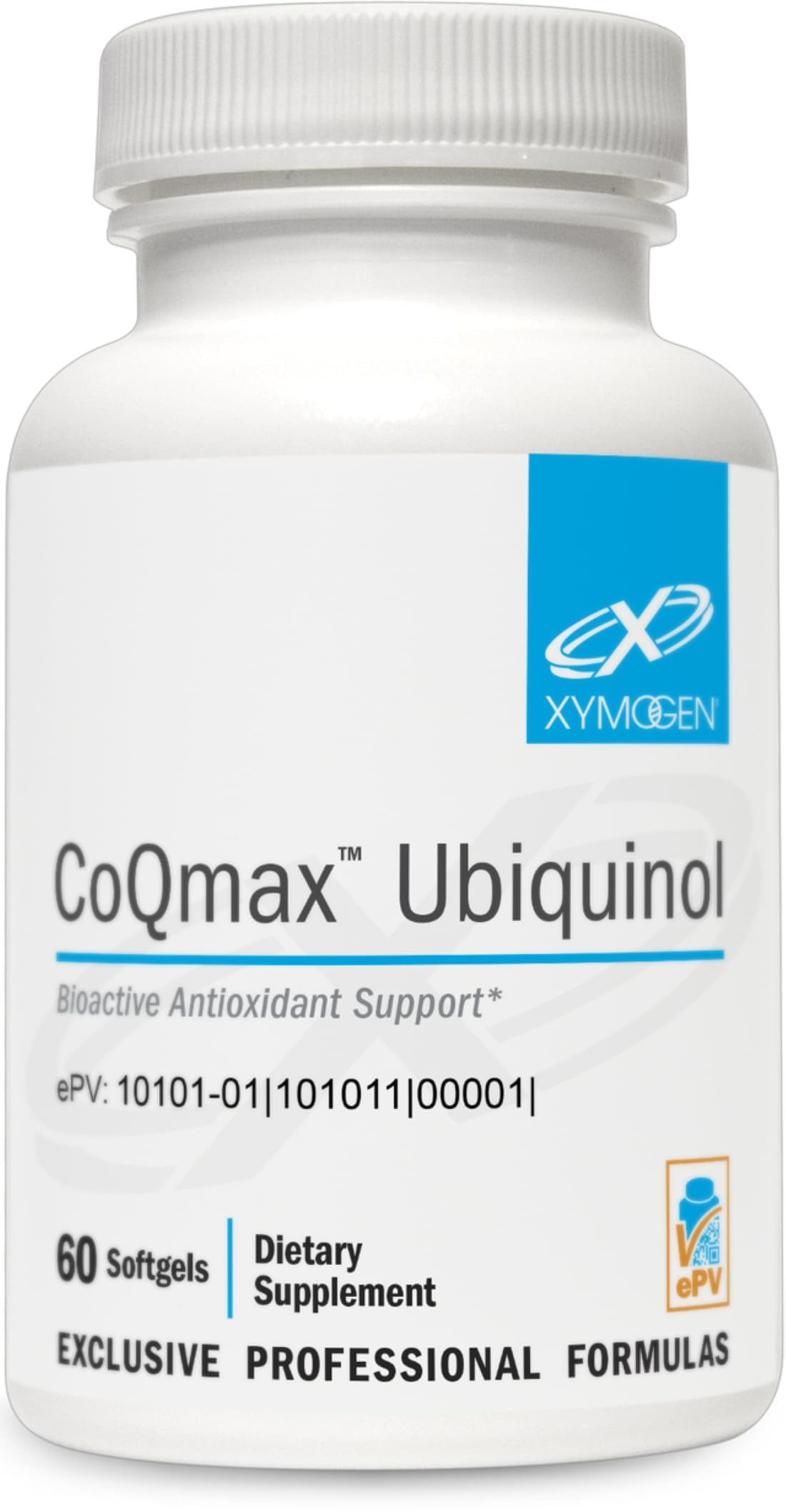 Botella de XYMOGEN CoQmax con ubiquinol de 200 mg, apoyo antioxidante diario.